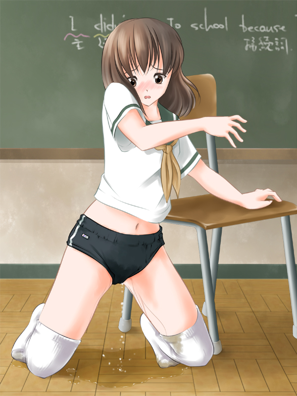 fenderu, original, 1girl, blush, brown eyes, brown hair, buruma, chair, chalkboard, english text, female focus, gym uniform, kneeling, navel, pee, peeing, peeing self, puddle, school uniform, serafuku, short hair, solo, thighhighs, wet