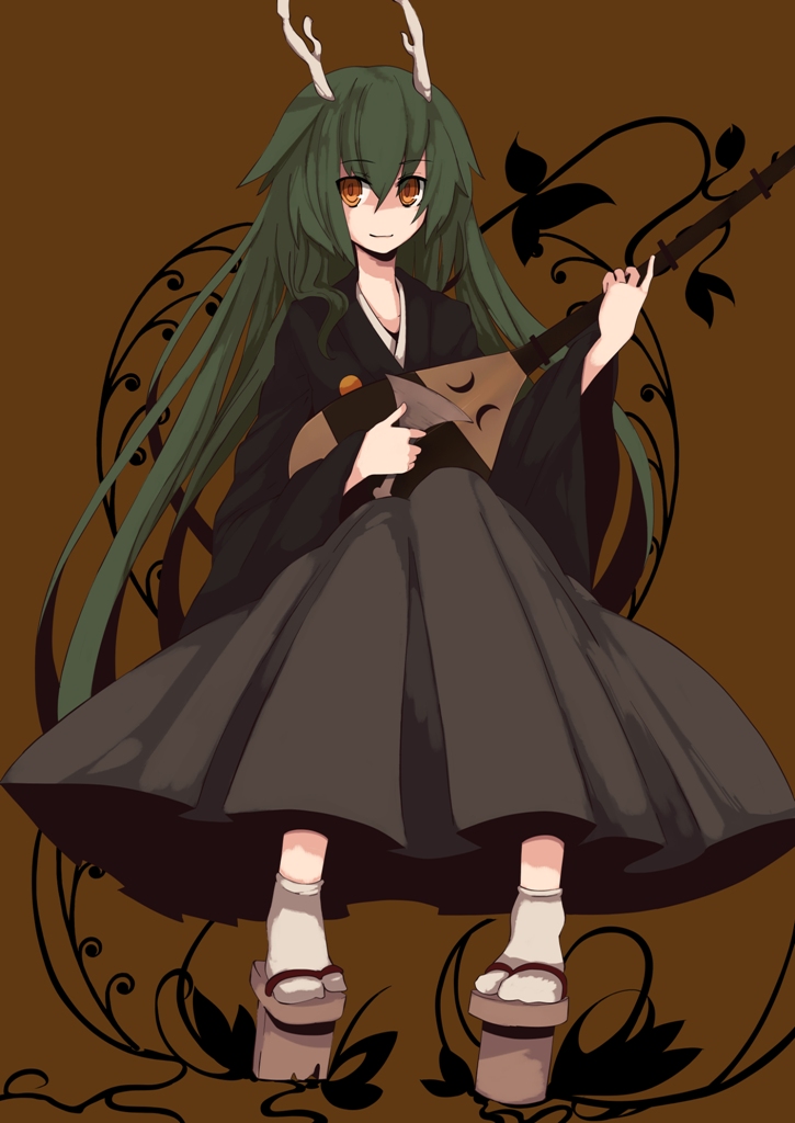 fuurin (omaemona), bad id, bad pixiv id, 1girl, female focus, geta, green hair, horns, instrument, japanese clothes, kimono, long hair, plectrum, sandals, shamisen, socks, solo, tengu-geta, yellow eyes