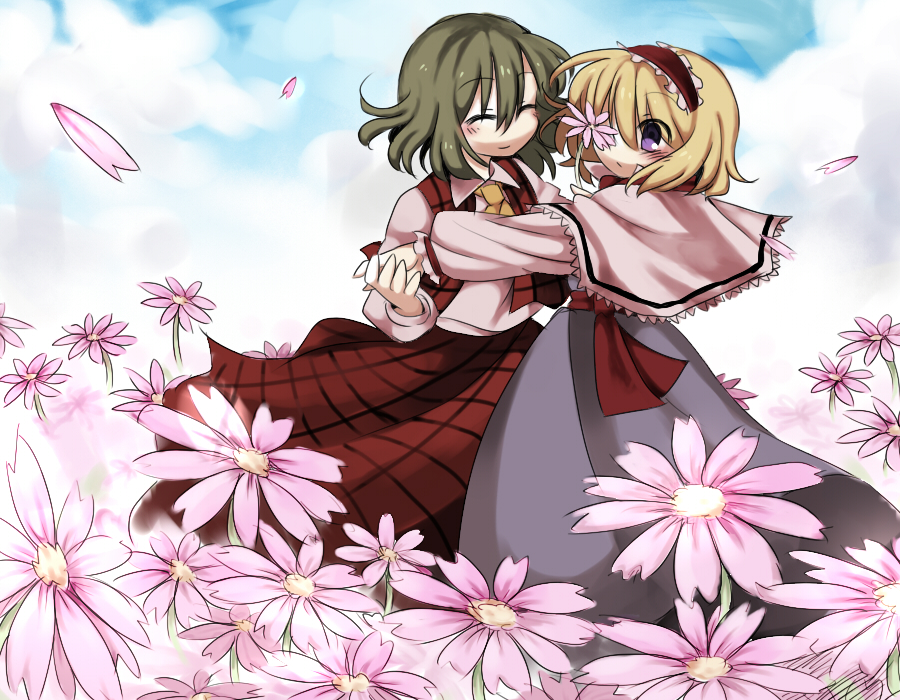 marisu, alice margatroid, kazami yuuka, touhou, bad id, bad pixiv id, 2girls, ascot, blonde hair, blush, closed eyes, cloud, dancing, female focus, field, flower, flower field, green hair, hairband, holding, holding flower, multiple girls, petals, plaid clothes, plaid skirt, plaid vest, purple eyes, ribbon, short hair, skirt, skirt set, smile, vest, yuri