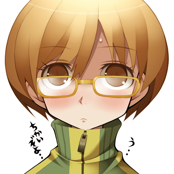 watabow, satonaka chie, atlus, persona, persona 4, blush, brown eyes, brown hair, glasses, short hair, simple background, solo, yellow-framed eyewear