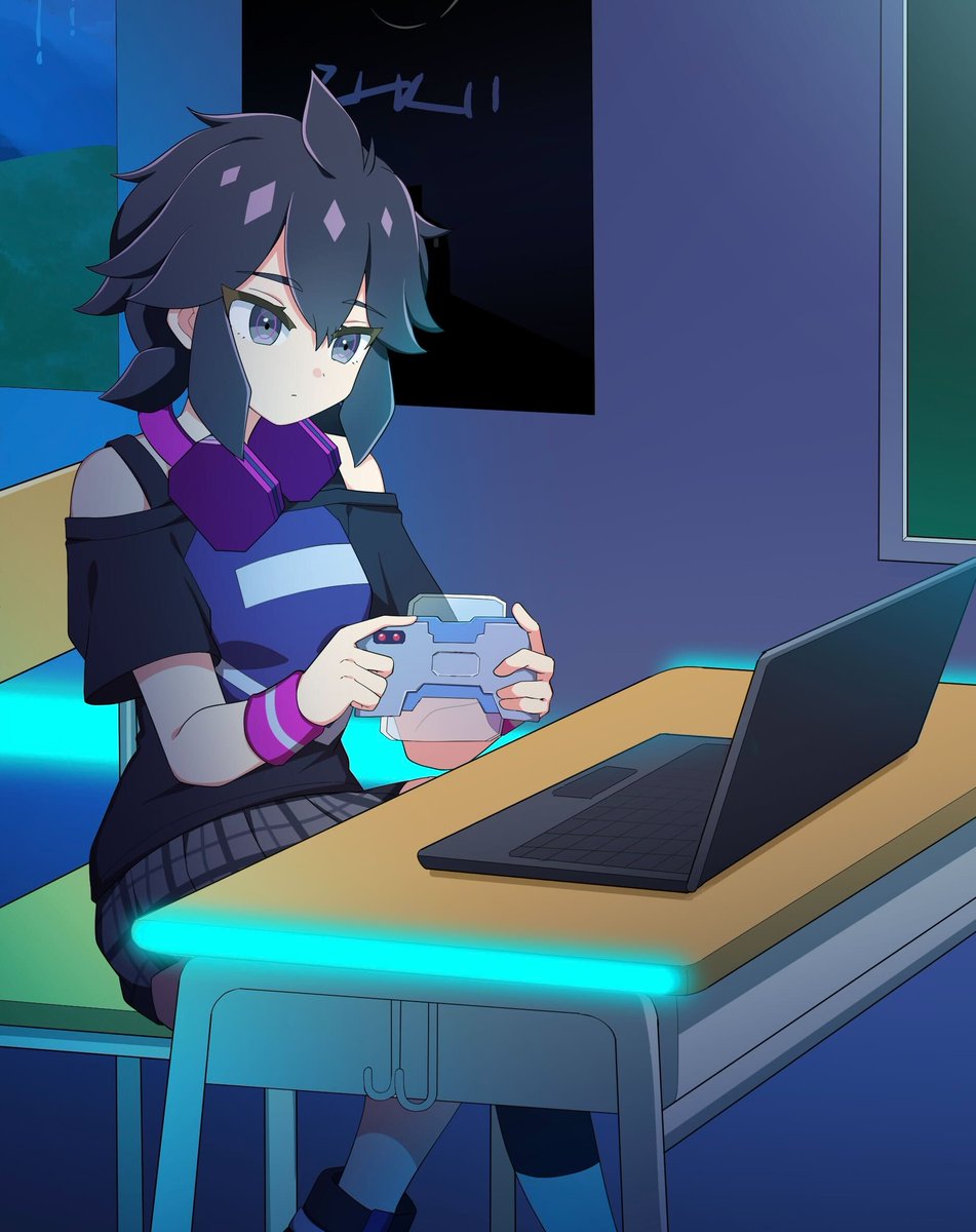 dragon musume ni naritakunai!, duel masters, artist request, commentary request, highres, official art, 1girl, anime coloring, black eyes, black hair, black shirt, chair, closed mouth, computer, desk, grey skirt, hair between eyes, handheld game console, headphones, headphones around neck, holding, holding handheld game console, indoors, multicolored shirt, off-shoulder shirt, off shoulder, on chair, plaid clothes, plaid skirt, poster (object), purple shirt, school chair, school desk, shirt, short hair, sitting, skirt, solo, teiozaka mumu, white shirt, wristband