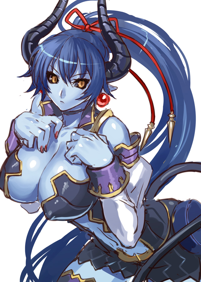 ran'ou (tamago no kimi), asmodeus (shinrabanshou), shinrabanshou, 1girl, black sclera, blue hair, blue skin, breasts, cleavage, colored sclera, colored skin, demon girl, earrings, female focus, horns, huge breasts, jewelry, long hair, pointy ears, ponytail, ribbon, solo, tail, yellow eyes