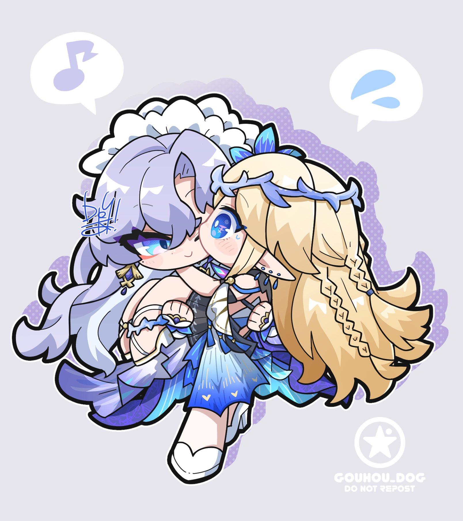 dog-san, cantarella (wuthering waves), cartethyia (wuthering waves), wuthering waves, commentary request, highres, 2girls, artist logo, bare shoulders, blonde hair, blue eyes, blush, carrying, chibi, chibi only, closed mouth, crown of thorns, earrings, flying sweatdrops, grey background, headdress, high heels, jewelry, logo, long hair, looking at another, multiple earrings, multiple girls, musical note, one eye closed, pointy ears, princess carry, purple hair, shoes, sidelocks, simple background, smile, spoken flying sweatdrops, spoken musical note, white shoes