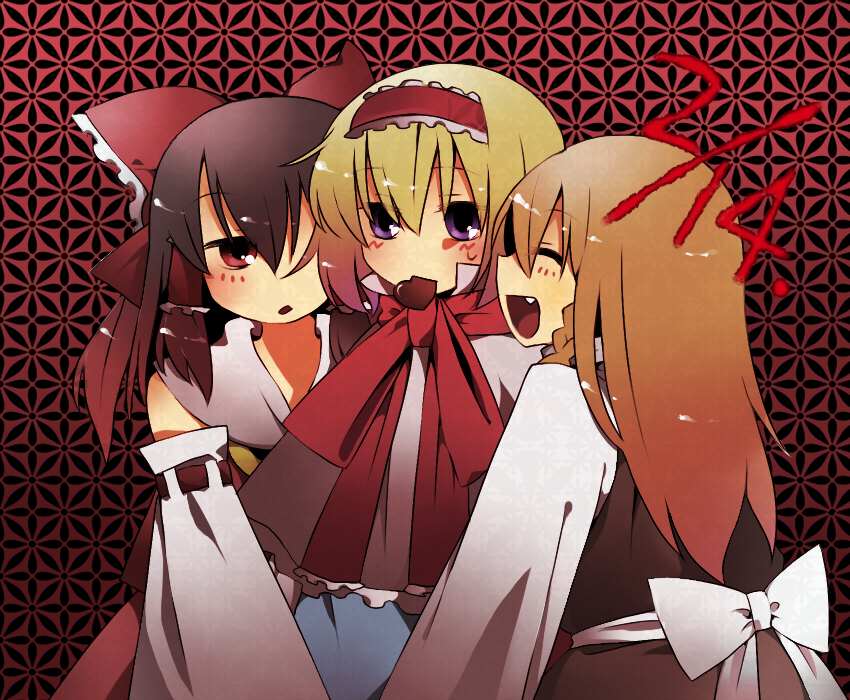 marisu, alice margatroid, hakurei reimu, kirisame marisa, touhou, bad id, bad pixiv id, 3girls, blonde hair, blush, braid, chocolate, closed eyes, detached sleeves, dress, fang, female focus, hairband, japanese clothes, long hair, miko, multiple girls, purple eyes, red eyes, ribbon, short hair, yuri