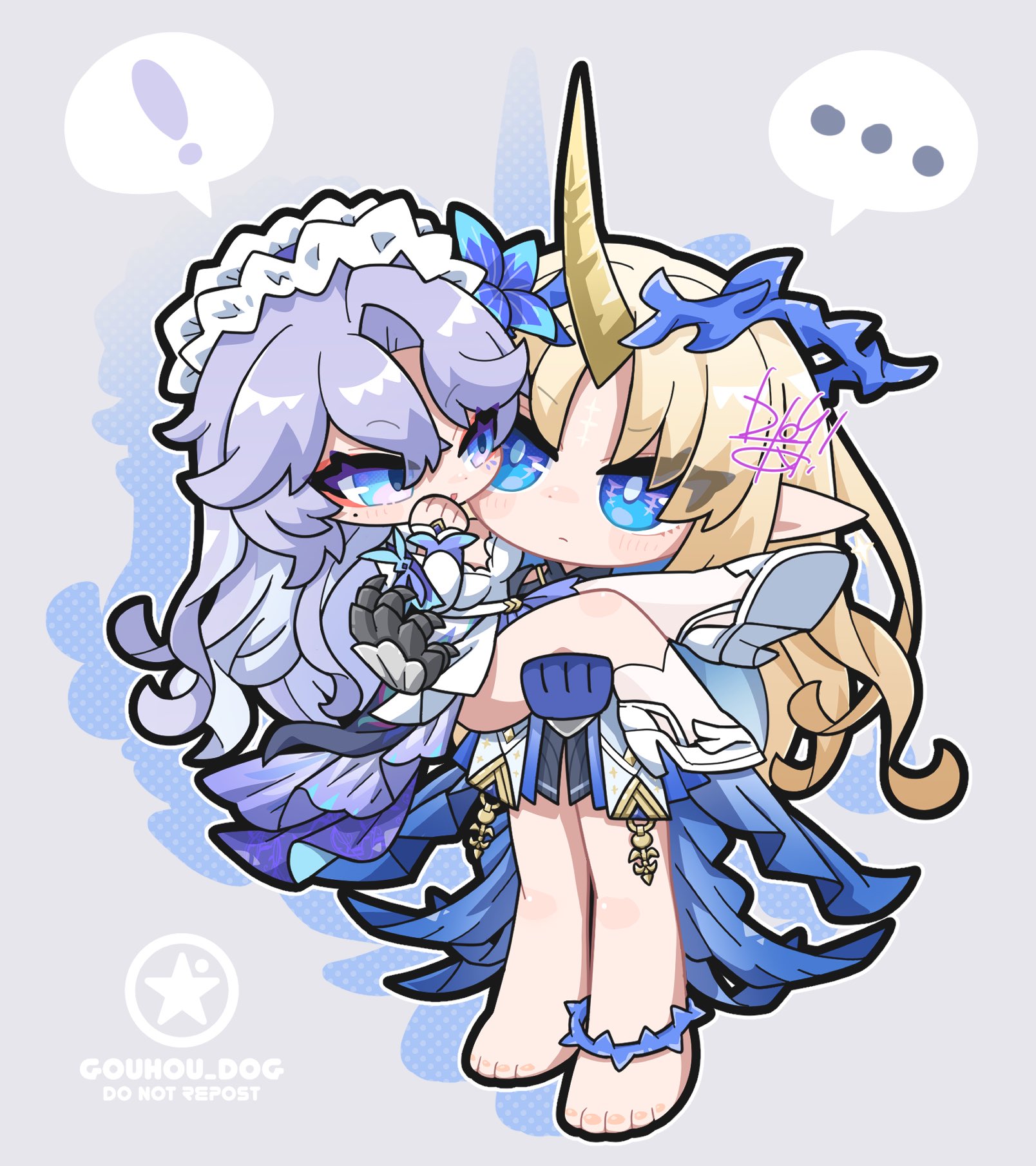 dog-san, cantarella (wuthering waves), fleurdelys (wuthering waves), wuthering waves, commentary request, highres, !, …, 2girls, barefoot, black dress, blonde hair, blue eyes, blue flower, breasts, carrying, chibi, chibi only, closed mouth, crown of thorns, dress, flower, hair between eyes, hair flower, hair ornament, hand up, headdress, high heels, horns, long hair, long horns, looking at another, medium breasts, mole, mole under eye, multiple girls, parted bangs, princess carry, purple hair, shoes, single horn, spoken ellipsis, spoken exclamation mark, tacet mark (wuthering waves), white dress, white shoes, yellow horns