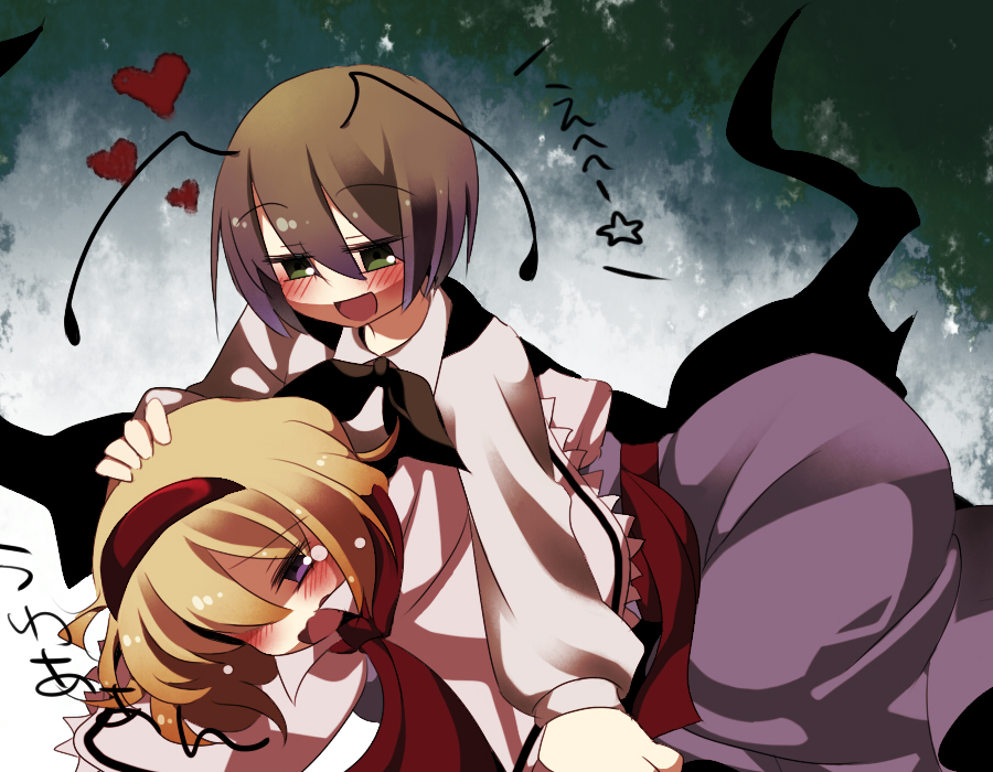 marisu, alice margatroid, wriggle nightbug, touhou, bad id, bad pixiv id, translated, 2girls, antennae, blonde hair, blue eyes, blush, female focus, green eyes, heart, multiple girls, short hair, you gonna get raped, yuri