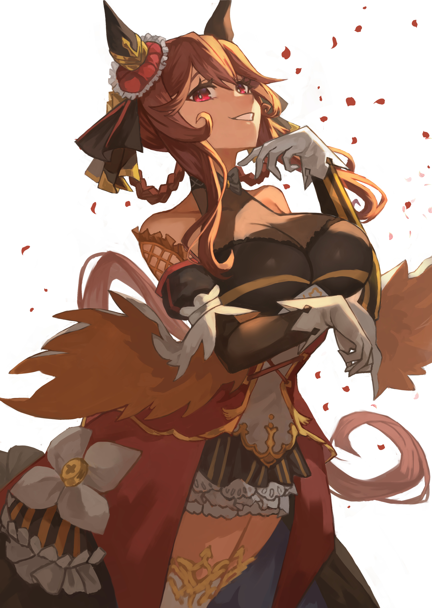 dawito, gentildonna (regina dei fiori) (umamusume), gentildonna (umamusume), umamusume, commentary request, highres, 1girl, animal ears, bare shoulders, braid, braided hair rings, breasts, brown hair, cleavage, corset, detached sleeves, dress, ear covers, ear ornament, gloves, hair between eyes, hair ornament, hair rings, heart-shaped ornament, heart ear ornament, horse ears, horse girl, horse tail, large breasts, long hair, open mouth, petals, red corset, red eyes, see-through cleavage, see-through clothes, simple background, smile, solo, tail, thighhighs, white gloves, white thighhighs