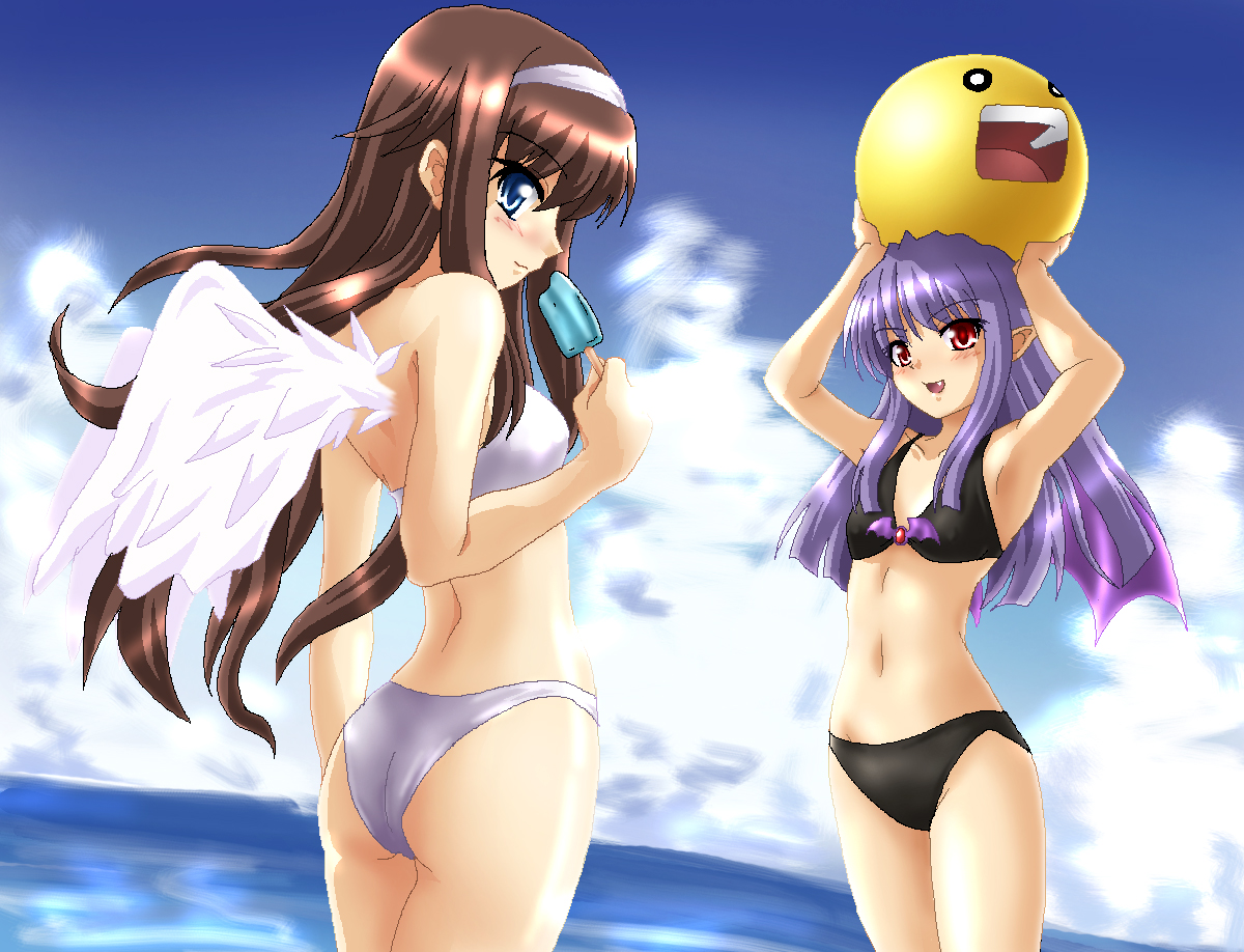 hayashiya zankurou, m.u.g.e.n, bad id, bad pixiv id, derivative work, 2girls, arms up, ass, ball, bat wings, bikini, blue eyes, brown hair, day, fang, food, long hair, multiple girls, parody, pointy ears, popsicle, purple hair, red eyes, swimsuit, wings