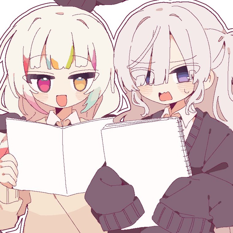 toruriri0718, jogasaki noah, natsume an-an, mahou shoujo no majo saiban, commentary request, 2girls, :d, alternate costume, black cardigan, blunt bangs, brown sweater, cardigan, hair over one eye, holding, holding notebook, jaggy lines, long hair, long sleeves, looking at another, multicolored hair, multiple girls, notebook, open mouth, pink eyes, purple eyes, sleeves past fingers, sleeves past wrists, smile, streaked hair, sweatdrop, sweater, upper body, wavy mouth, white background, yellow eyes