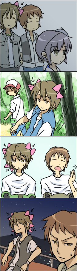 nouzu, asahina mikuru, koizumi itsuki, kyon, nagato yuki, suzumiya haruhi no yuuutsu, bad id, bad pixiv id, long image, tall image, 00s, 1girl, 2boys, 4koma, bow, comic, multiple boys, ribbon, silent comic