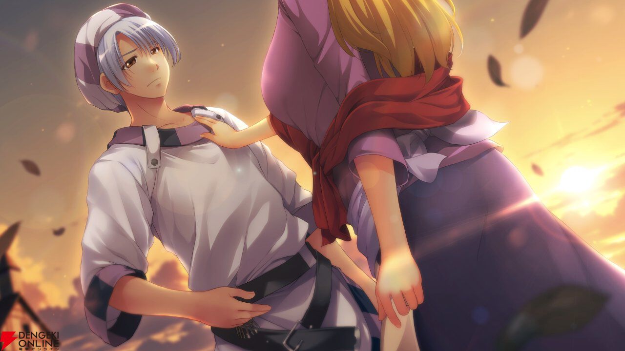 atelier-moo, aleph coulson, yuukyuu gensoukyoku, official art, second-party source, 1boy, 1girl, backlighting, belt, black belt, blue skirt, blurry, blurry background, breasts, brown eyes, closed mouth, clothes around waist, cloud, collarbone, cowboy shot, evening, hand on own hip, hand up, head out of frame, jacket, jacket around waist, large breasts, leaf, outdoors, purple shirt, pushing, red jacket, sash, shirt, short hair, skirt, sky, standing, striped hat, sunset, three-quarter sleeves, white hair, white shirt, wince, yuukyuu gensoukyoku revival