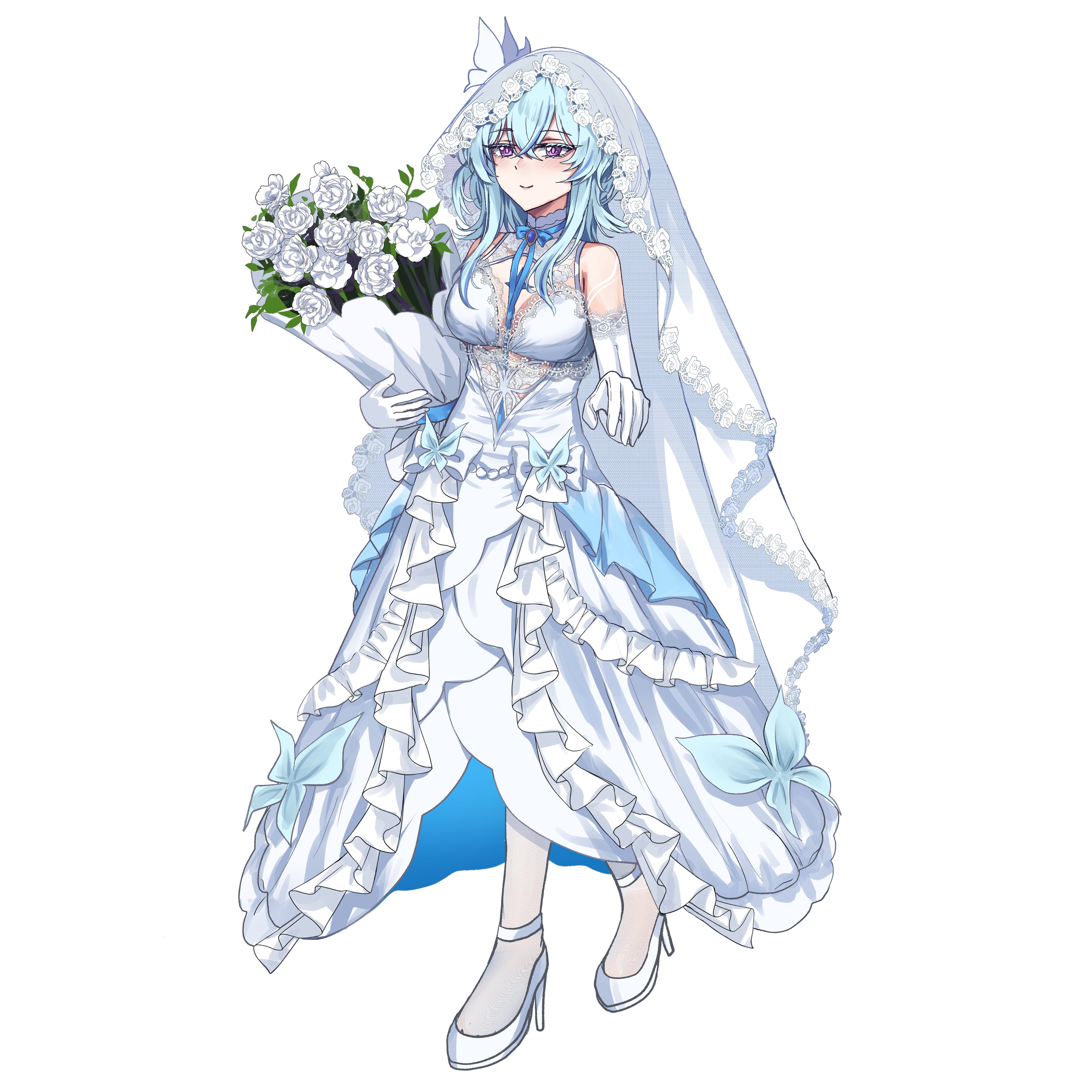 flareza, shorekeeper (wuthering waves), wuthering waves, absurdres, commentary, english commentary, highres, 1girl, alternate costume, bare shoulders, blue hair, blush, bouquet, breasts, bridal veil, closed mouth, colored eyelashes, dress, elbow gloves, flower, full body, gloves, hair between eyes, high heels, holding, holding bouquet, large breasts, long dress, long hair, looking at viewer, purple eyes, shoes, simple background, smile, solo, veil, wedding dress, white background, white dress, white gloves, white shoes, white veil
