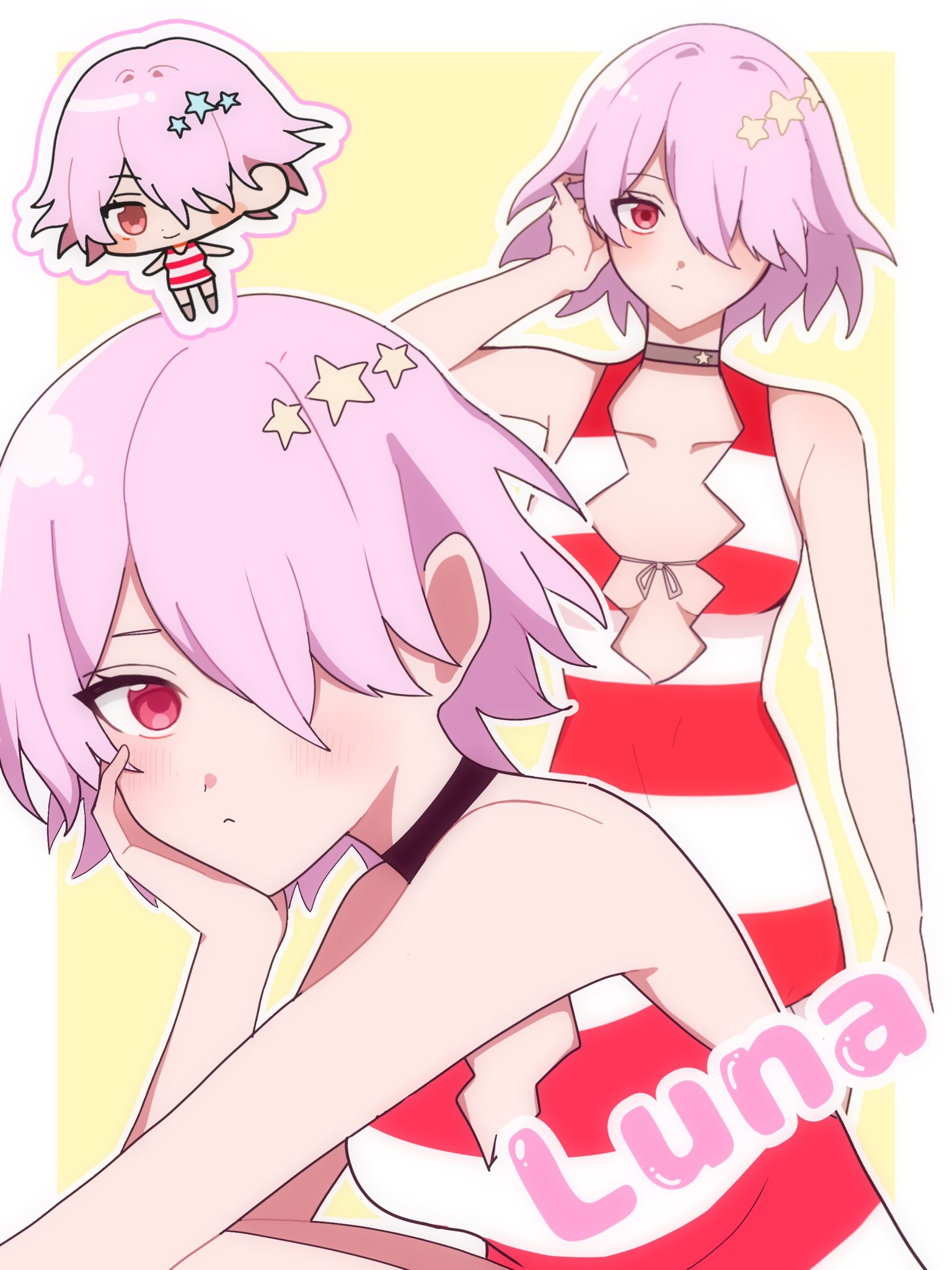 deyodeyo866, luna wright, dr. stone, hashtag-only commentary, highres, 1girl, :/, bare shoulders, black choker, blush, bored, breasts, casual one-piece swimsuit, character name, chibi, choker, cleavage, cleavage cutout, closed mouth, clothing cutout, dress, hair ornament, hair over one eye, hand on own face, light blush, light smile, looking at viewer, multiple views, one-piece swimsuit, pink hair, red eyes, shirt, short dress, short hair, simple background, smile, star (symbol), star choker, star hair ornament, striped clothes, striped one-piece swimsuit, striped shirt, swimsuit, yellow background