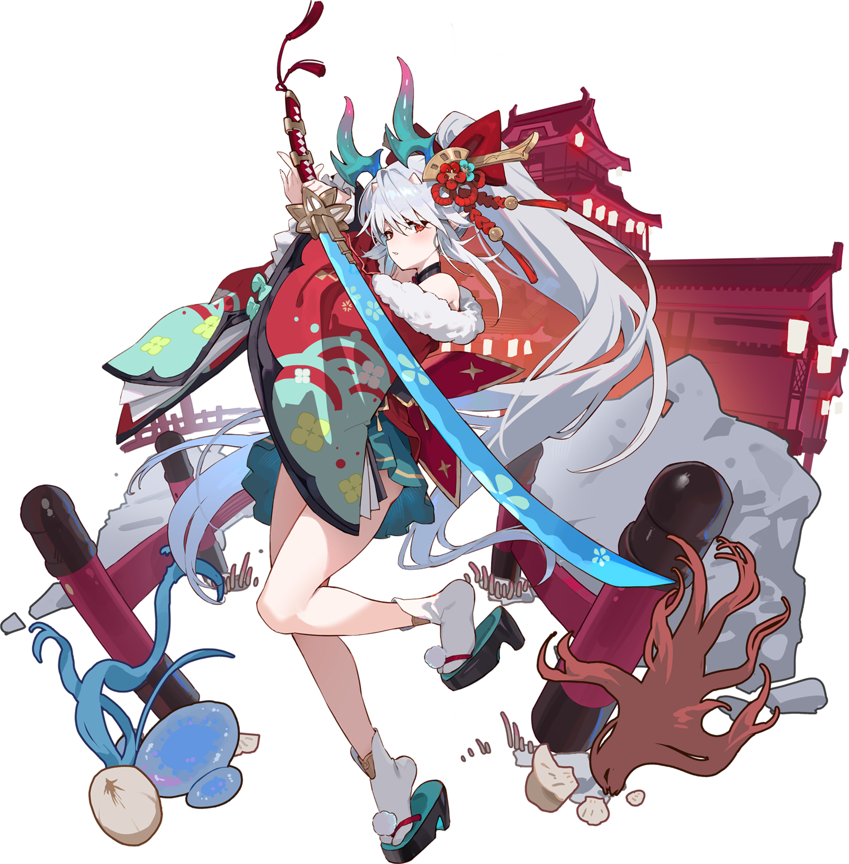 ryugazaki misaki, astral party, highres, non-web source, 1girl, holding, holding weapon, horns, katana, long hair, oni, pointy ears, ponytail, red eyes, sword, very long hair, weapon, white hair