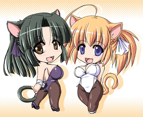 tonpuu, milk (tonpuu), pudding (tonpuu), 2girls, animal ears, blonde hair, blue eyes, brown eyes, cat ears, cat tail, chibi, green hair, kittysuit, leotard, long hair, multiple girls, nontraditional playboy bunny, pantyhose, ponytail, tail, twintails