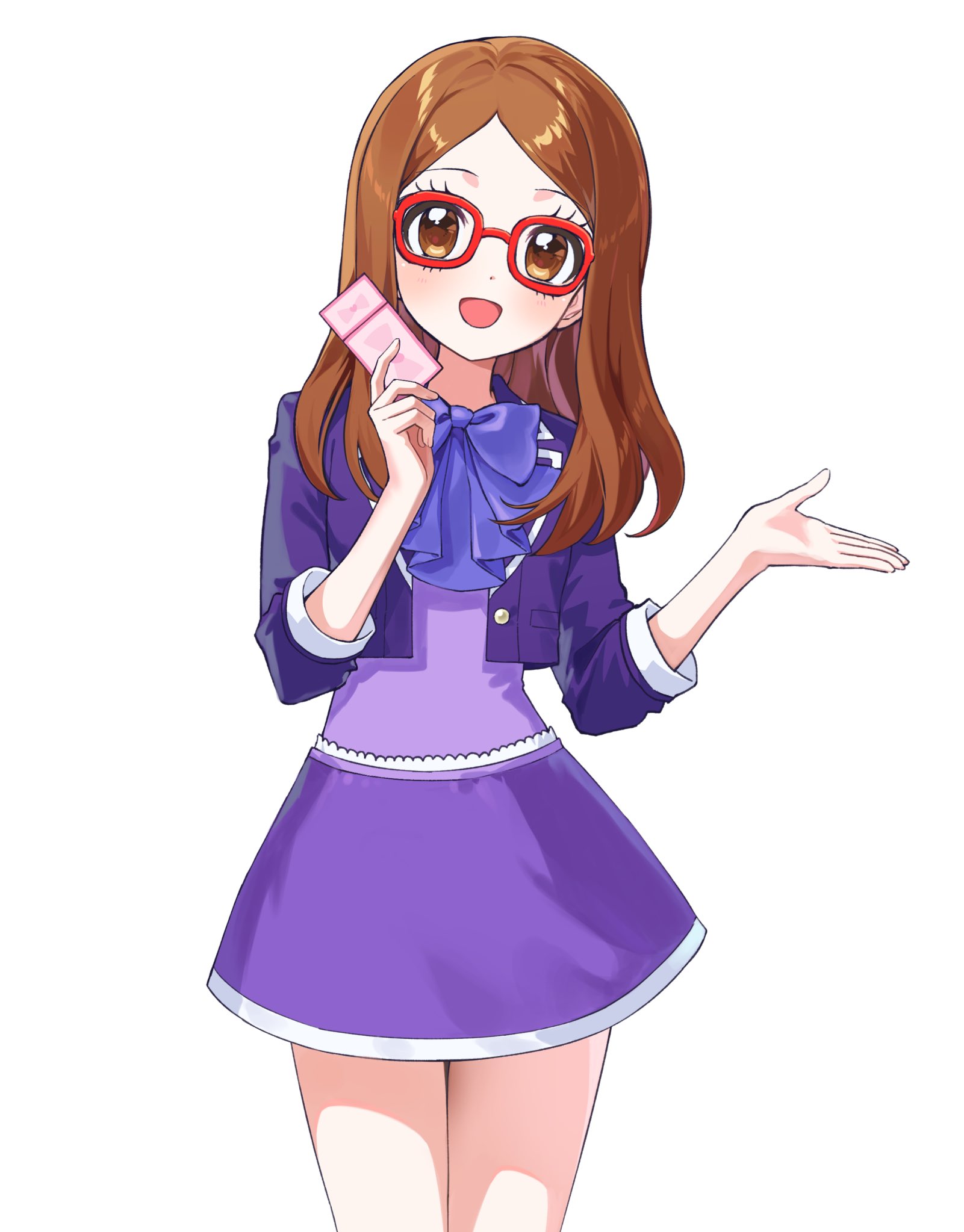 mung hie, akai meganee, kiratto pri chan, pretty series, commentary request, highres, korean commentary, 1girl, :d, bow, bowtie, brown eyes, brown hair, cowboy shot, glasses, hands up, holding, holding ticket, jacket, long hair, long sleeves, looking at viewer, miniskirt, open mouth, purple bow, purple bowtie, purple jacket, purple shirt, purple skirt, red-framed eyewear, shirt, simple background, skirt, smile, solo, standing, swept bangs, ticket, white background