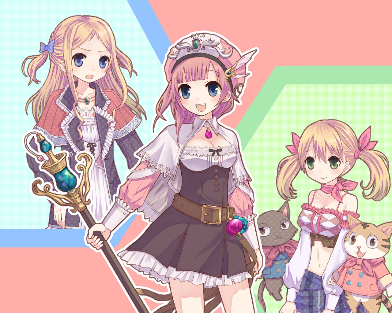 hinuki marina, aranya (atelier), cuderia von feuerbach, horoholo (atelier), lionela heinze, rorolina frixell, atelier (series), atelier rorona, 3girls, blonde hair, blue eyes, breasts, brown dress, cat, cleavage, dress, female focus, flat chest, green eyes, hair ornament, hat, jewelry, large breasts, midriff, multiple girls, one side up, pendant, red hair, ribbon, staff, twintails