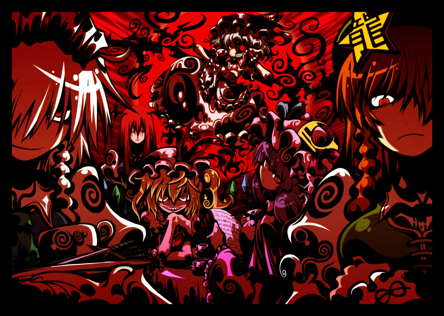ichi (ichikai), ex-meiling, flandre scarlet, hong meiling, izayoi sakuya, koakuma, patchouli knowledge, remilia scarlet, embodiment of scarlet devil, touhou, 6+girls, book, crazy, crazy eyes, everyone, evil grin, evil smile, female focus, grin, hair over one eye, knife, multiple girls, red theme, sharp teeth, smile, teeth, throwing knife, weapon