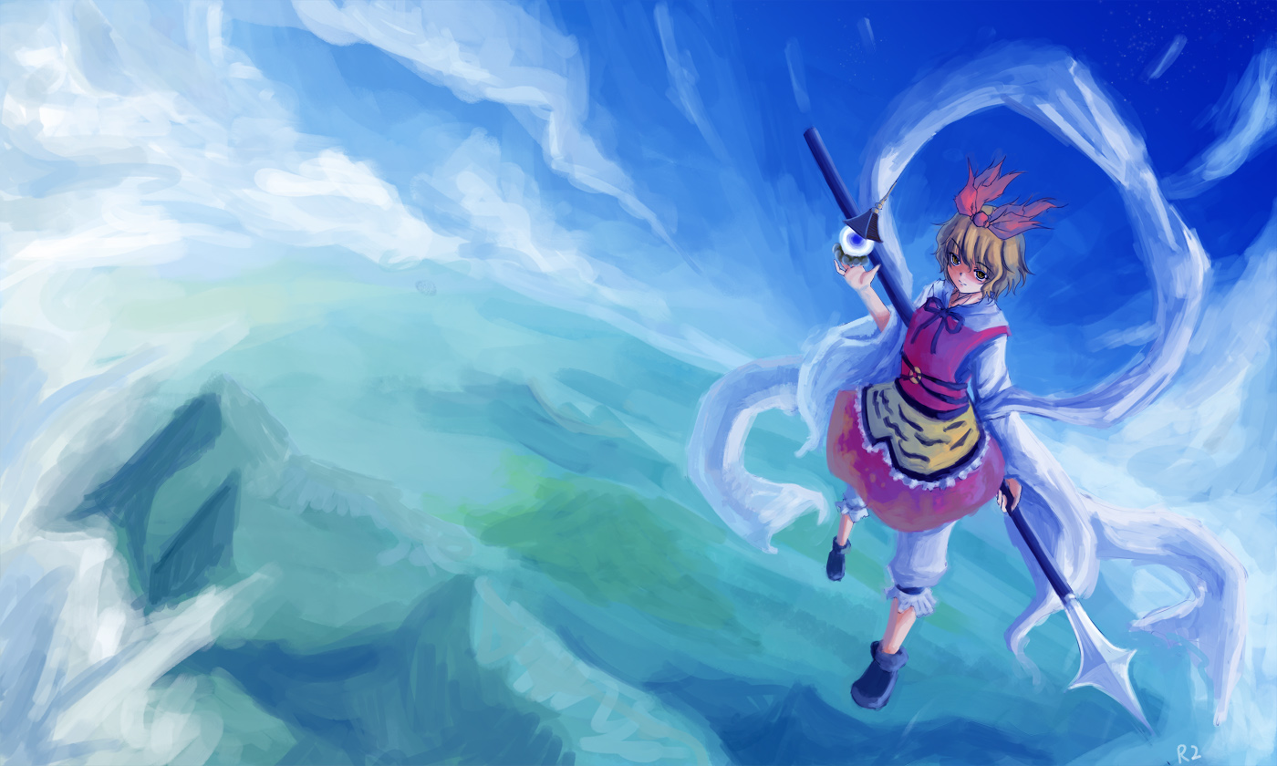 r2sais, toramaru shou, touhou, bad id, bad pixiv id, 1girl, animal print, bishamonten's pagoda, blonde hair, female focus, polearm, shawl, solo, spear, tiger print, weapon, yellow eyes