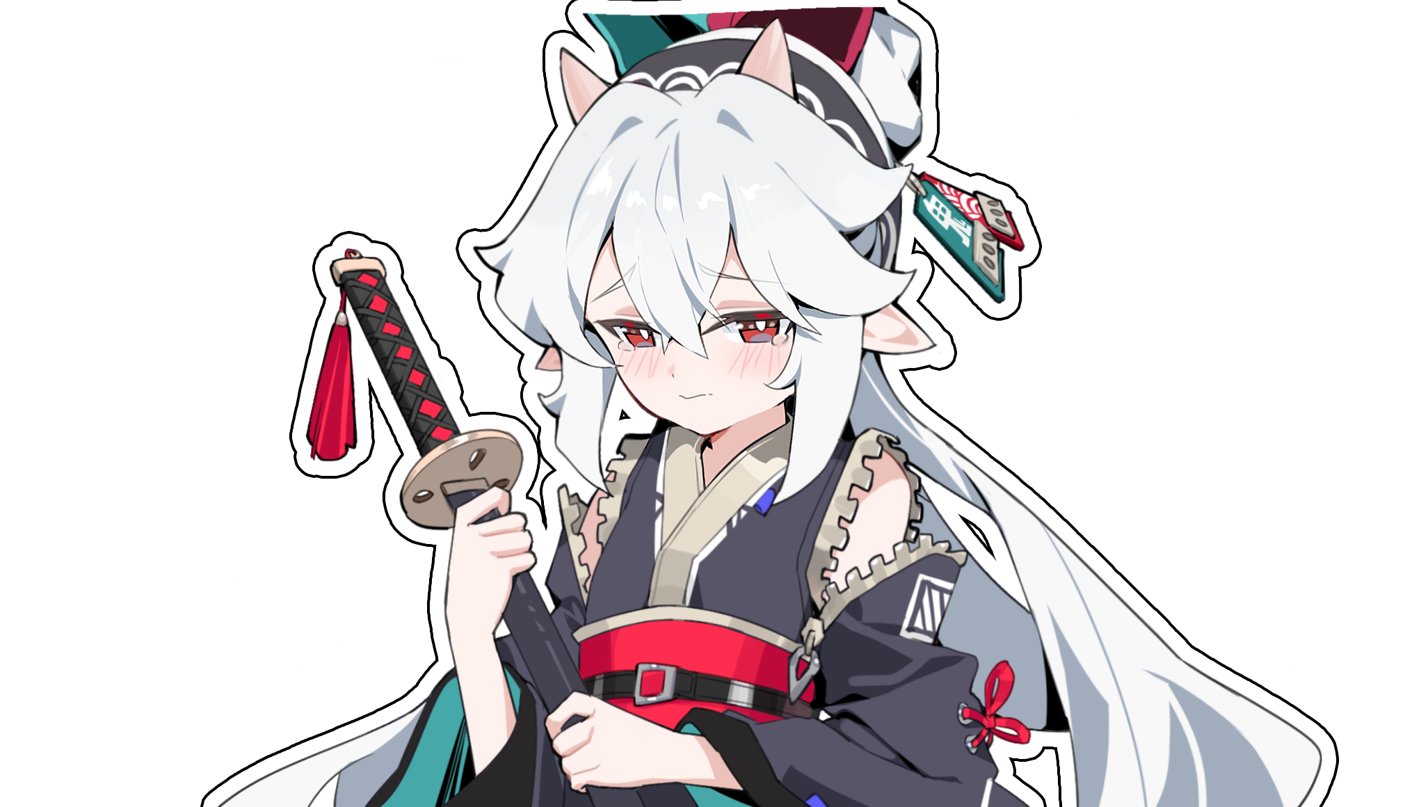 ryugazaki misaki, astral party, highres, non-web source, 1girl, crying, holding, holding weapon, horns, katana, long hair, oni, pointy ears, ponytail, red eyes, sword, very long hair, weapon, white hair