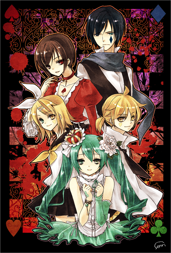 senri (nazerine), hatsune miku, kagamine len, kagamine rin, kaito (vocaloid), meiko (vocaloid), hitobashira alice (vocaloid), vocaloid, 2boys, 3girls, alternate costume, blonde hair, blue hair, bow, brown hair, green hair, heterochromia, long hair, multiple boys, multiple girls, scarf, short hair, siblings, twins