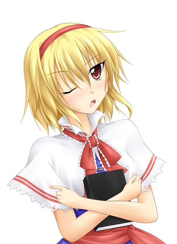 kirisaki byakko, alice margatroid, touhou, 1girl, blonde hair, book, female focus, hairband, one eye closed, red eyes, simple background, solo, white background, wink