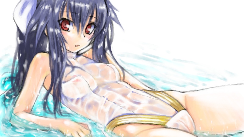 hikabe sakuho, yuuyami no mikazuki, shinrabanshou, 1girl, arm support, bare shoulders, casual one-piece swimsuit, leotard, long hair, lying, on back, one-piece swimsuit, purple hair, red eyes, see-through clothes, see-through leotard, swimsuit, water, wet