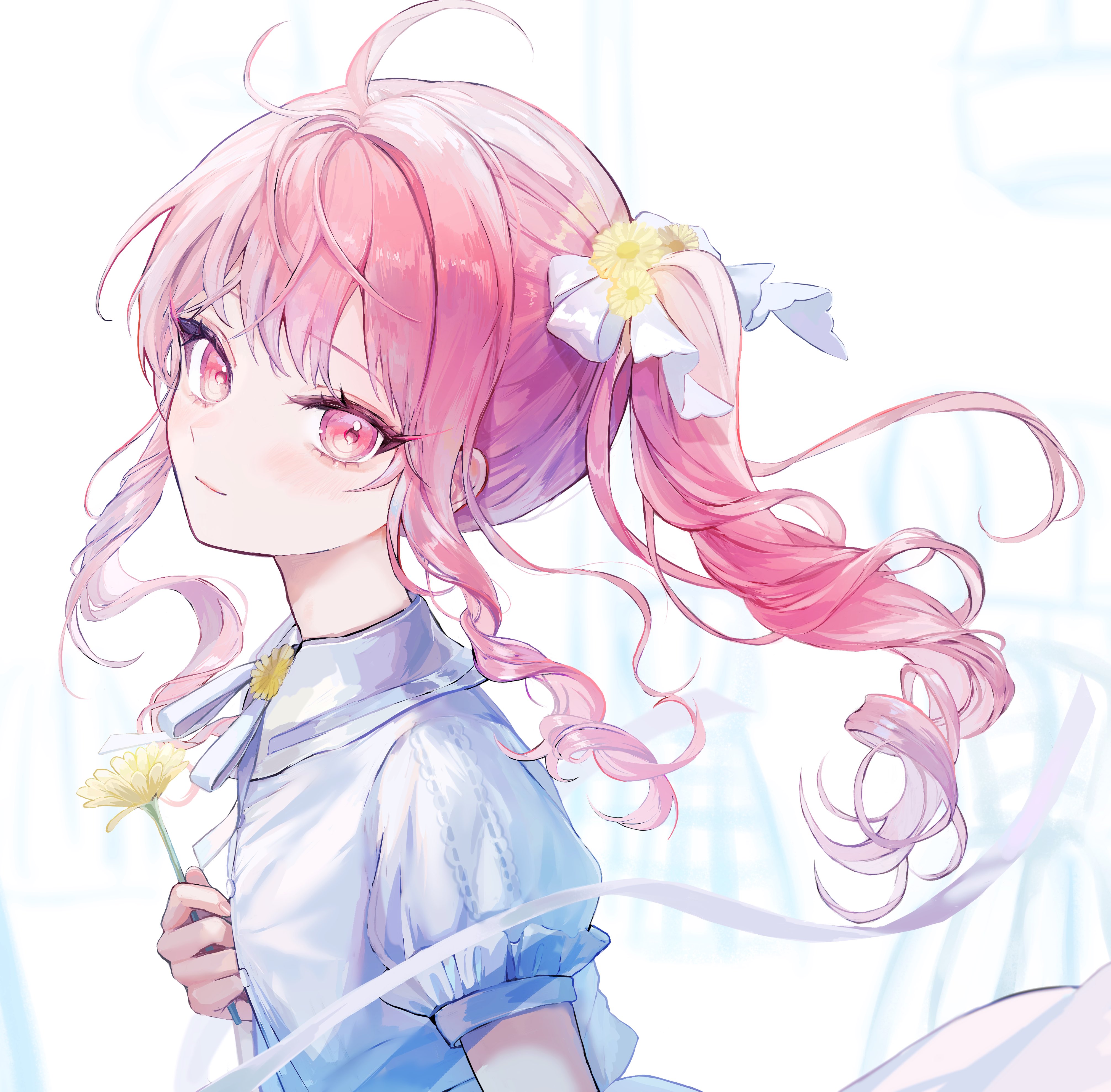 pipi (pipinavigation), akiyama mizuki, project sekai, absurdres, commentary, flower request, highres, 1other, aegyo sal, arm at side, blurry, blurry background, blush, bow, closed mouth, collared dress, dress, drill hair, drill ponytail, drill sidelocks, flower, from side, hair bow, hair flower, hair ornament, hand up, hodokenu ashita ni te wo nobashite (project sekai), holding, holding flower, light smile, long hair, long sidelocks, looking at viewer, neck flower, neck ribbon, official alternate costume, other focus, pink eyes, pink hair, puffy short sleeves, puffy sleeves, ribbon, short sleeves, side ponytail, sidelocks, solo, tareme, turning head, upper body, white bow, white dress, white ribbon, yellow flower