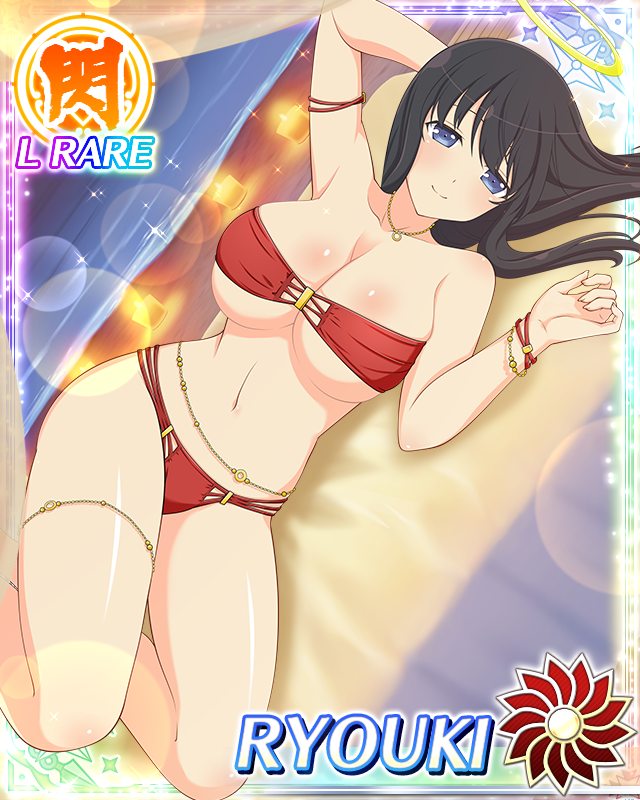 ryouki (senran kagura), senran kagura, senran kagura new wave, game cg, official art, 1girl, arm behind head, beach, belly chain, bikini, black hair, blue eyes, border, breasts, card (medium), character name, cleavage, closed mouth, come hither, halo, jewelry, large breasts, light blush, long hair, lying, navel, necklace, night, ocean, on bed, on side, red bikini, smile, solo, strapless, strapless bikini, swimsuit, traditional halo, very long hair