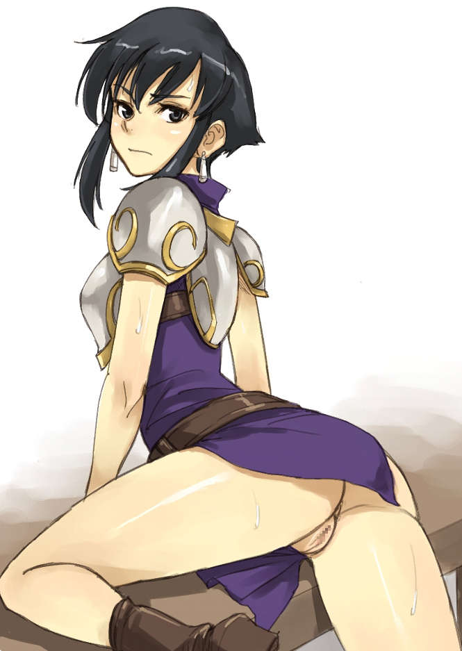 gus (clarkii), larcei (fire emblem), fire emblem, fire emblem: genealogy of the holy war, nintendo, bad id, bad pixiv id, 1girl, armor, ass, black hair, censored, earrings, female focus, grey eyes, jewelry, mosaic censoring, pussy, short hair, solo, sweat