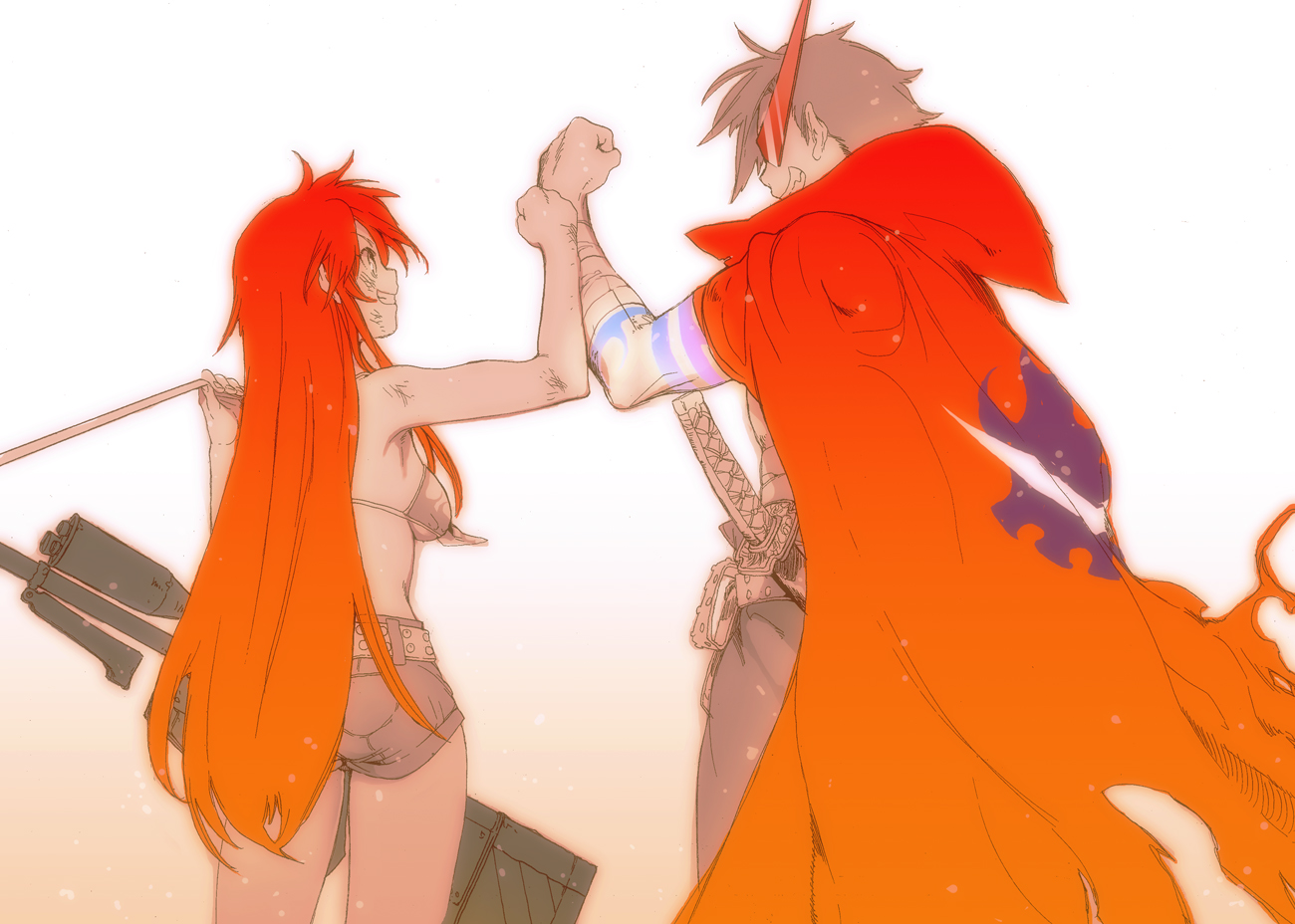 kanke (yonkuma), kamina (ttgl), yoko littner, tengen toppa gurren lagann, bad id, bad pixiv id, 00s, 1boy, 1girl, anti-materiel rifle, back, bandages, belt, bikini, bikini top only, bodypaint, bruise, cape, clenched hand, fist bump, from behind, glasses, grin, gun, hair down, happy, hip focus, injury, kamina shades, katana, long hair, midriff, red hair, rifle, shorts, smile, sniper rifle, swimsuit, sword, tattoo, thighs, triangular eyewear, weapon