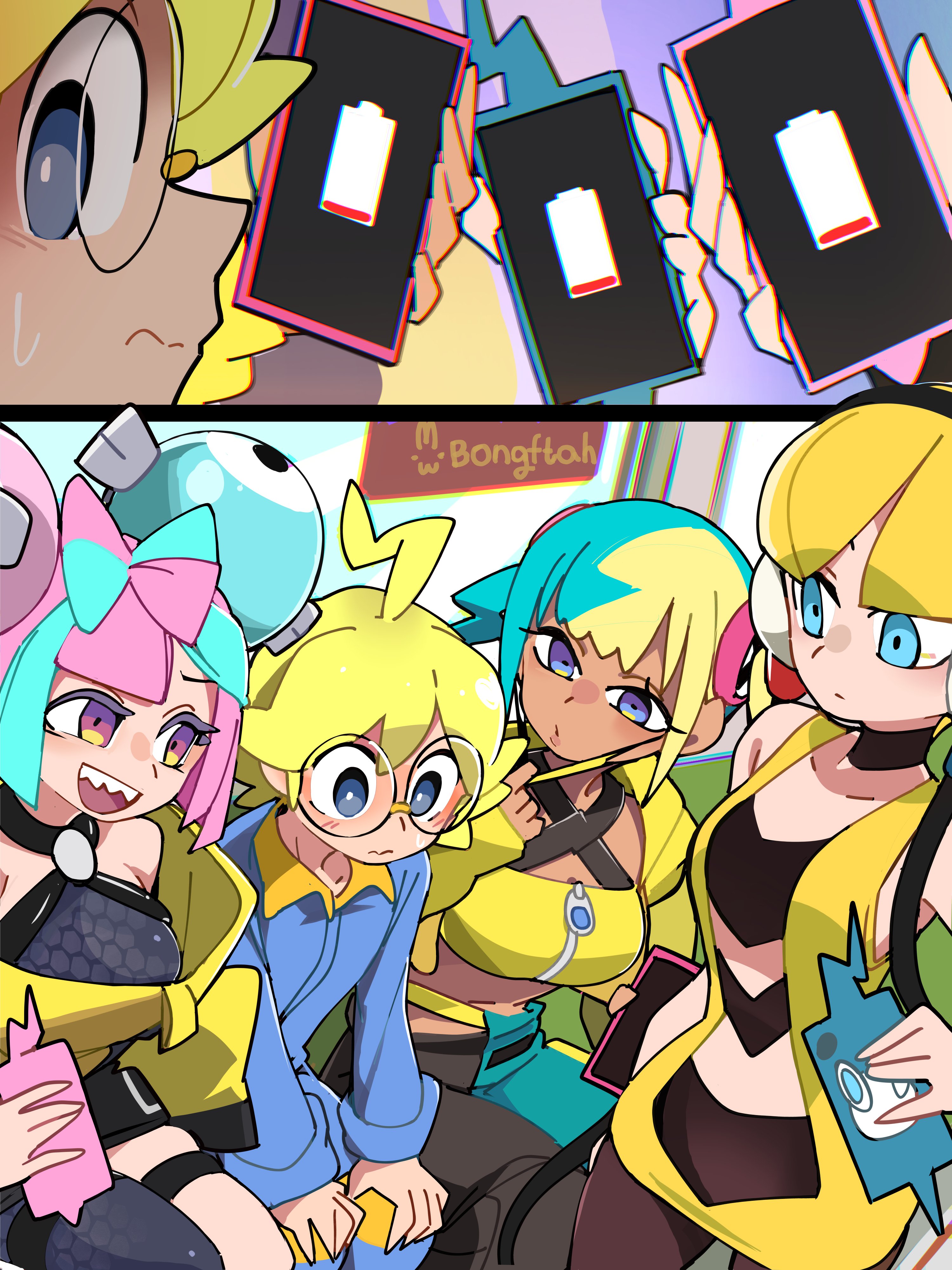 bongftah, canari (pokemon), clemont (pokemon), elesa (pokemon), iono (pokemon), nintendo, pokemon, pokemon bw, pokemon legends: z-a, pokemon sv, pokemon xy, absurdres, commentary, highres, symbol-only commentary, 1boy, 3girls, aqua hair, bandeau, bare shoulders, battery indicator, black mask, black pantyhose, blonde hair, blue eyes, blue hair, blunt bangs, blush, breasts, choker, collarbone, criss-cross straps, dark-skinned female, dark skin, embarrassed, glass, headphones, jacket, large breasts, long hair, long sleeves, low neckline, mask, mask pull, medium breasts, mega stone, midriff, mouth mask, multicolored hair, multiple girls, navel, pants, pantyhose, phone, pink hair, sharp teeth, short hair, short twintails, smile, split-color hair, sports bra, surrounded, sweat, teeth, twintails, two-tone hair, two-tone mask, two-tone pants, yellow bandeau, yellow jacket, yellow mask, yellow sports bra