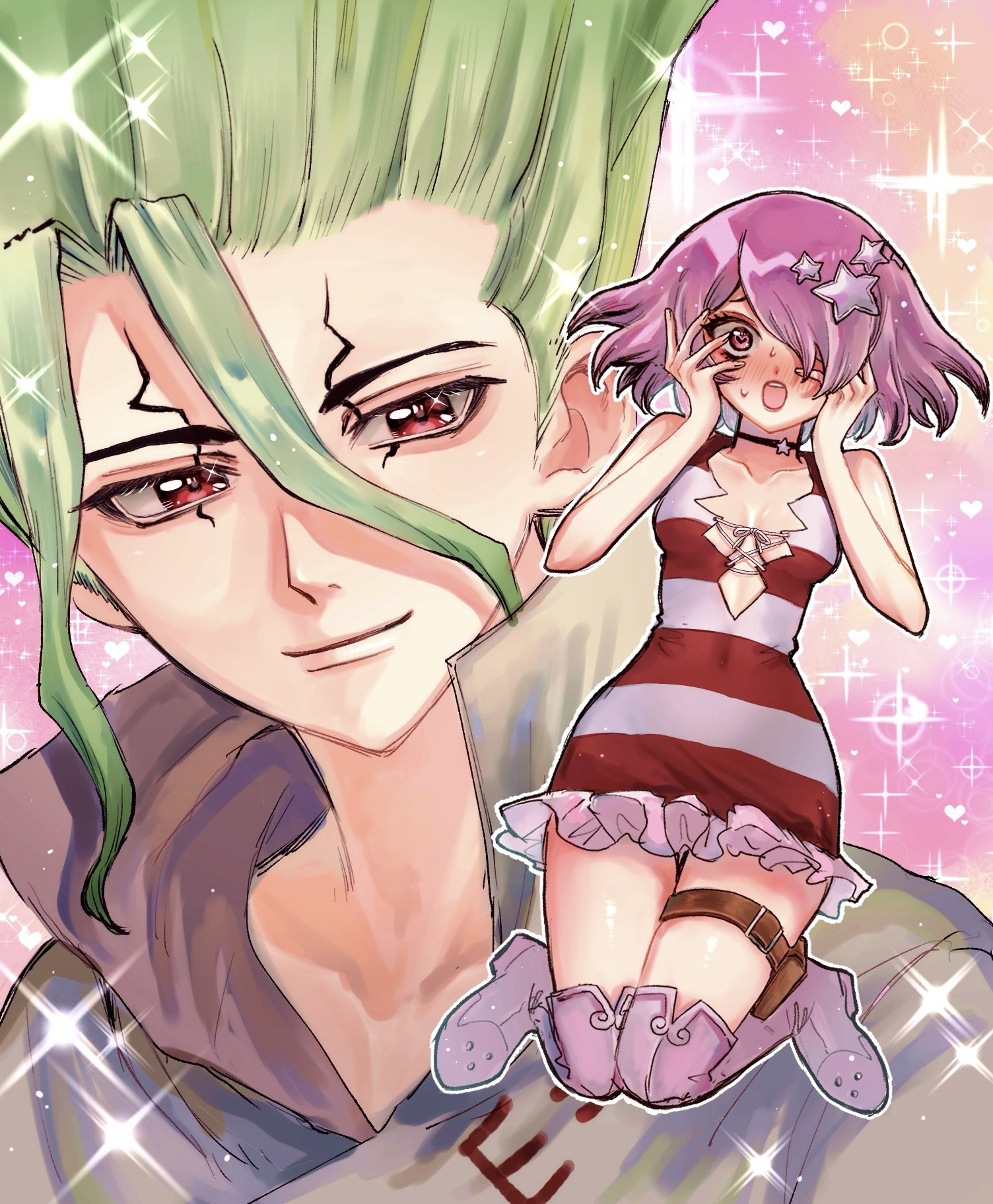 ishigami senkuu, luna wright, dr. stone, commentary request, highres, 1boy, 1girl, bishounen, blush, boots, bow, breasts, choker, cleavage, cleavage cutout, clothing cutout, collarbone, dress, e=mc2 (equation), embarrassed, facial mark, frilled dress, frills, green hair, hair between eyes, hair ornament, hair over one eye, hands on own face, heart, heart-shaped pupils, heart background, jumping, light smile, looking at viewer, open mouth, pink background, pink hair, red eyes, shiny skin, short dress, short hair, simple background, sketch, smile, sparkle, spiked hair, star (symbol), star choker, star hair ornament, striped clothes, striped dress, symbol-shaped pupils, teeth, thigh boots, thigh strap, tsushima 000, upper teeth only, white boots