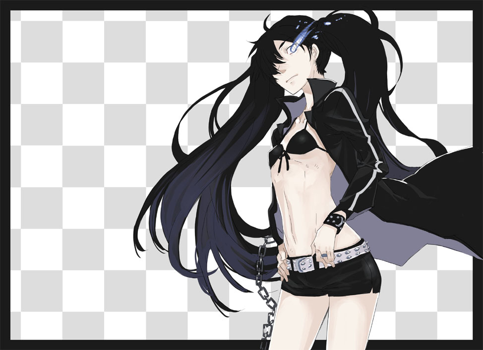 mura (kanojo no oukoku), black rock shooter (character), black rock shooter, 10s, belt, bikini, bikini top only, black hair, bracelet, chain, coat, glowing, glowing eyes, jacket, jewelry, long hair, navel, pale skin, shorts, solo, swimsuit, twintails