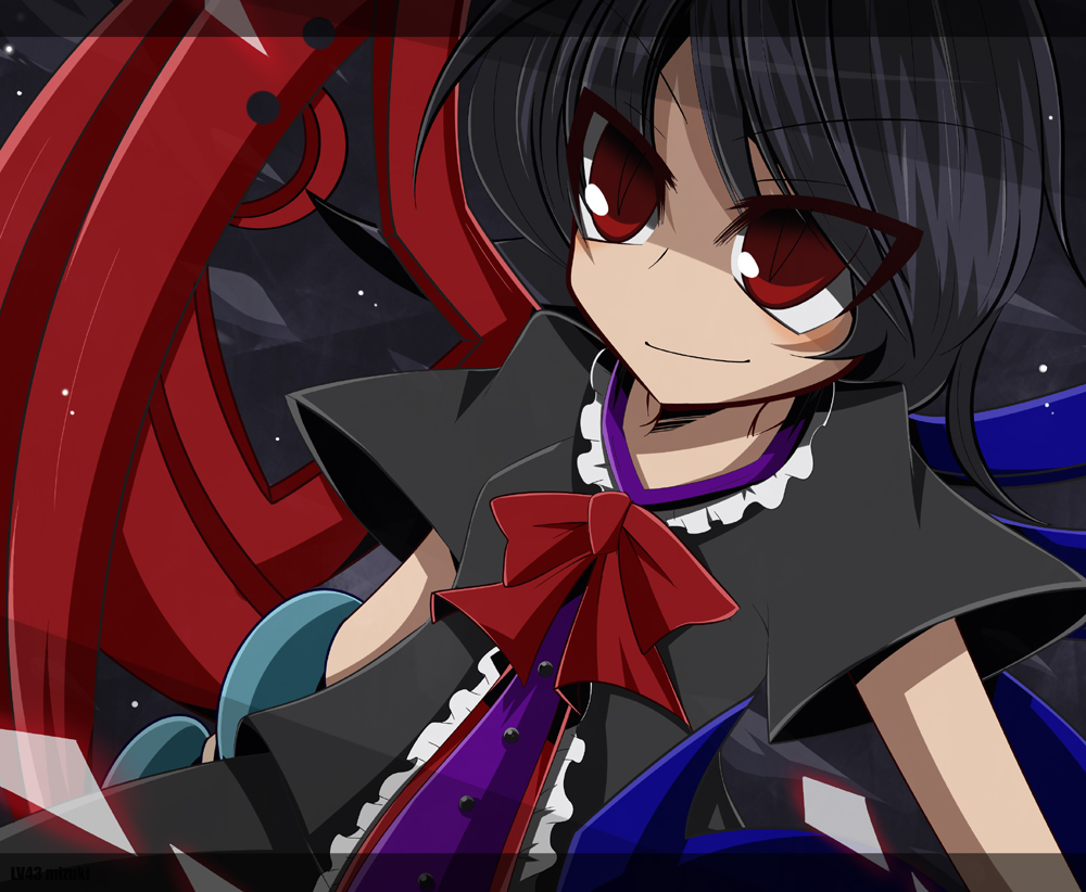 mizuki (lv43), monroru, houjuu nue, touhou, bad id, bad pixiv id, 1girl, black hair, female focus, night, red eyes, ribbon, short hair, smirk, solo, wings