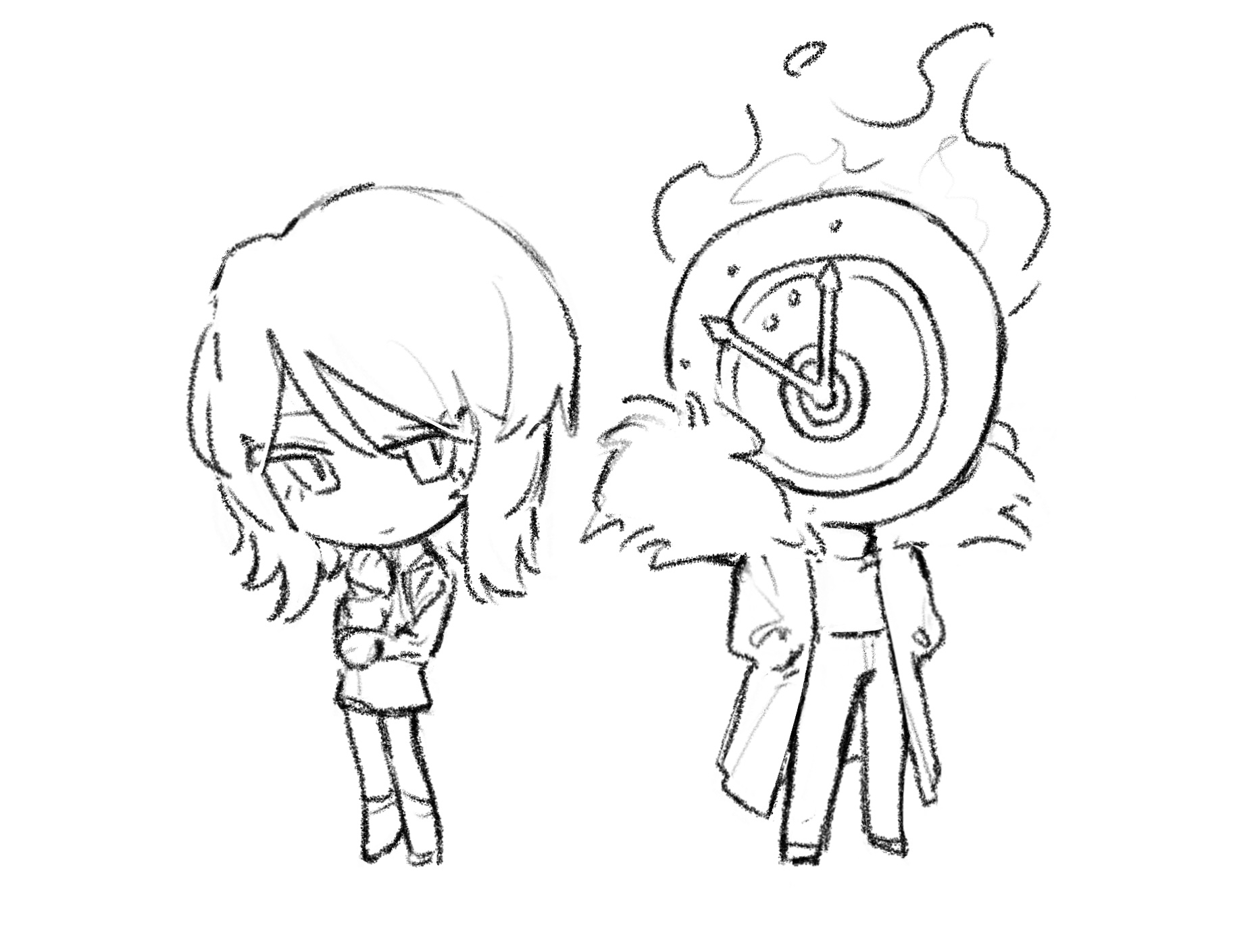 ivy (675671), dante (limbus company), faust (project moon), limbus company, project moon, commentary, highres, symbol-only commentary, 1girl, 1other, boots, chibi, chibi only, clock, closed mouth, coat, dated commentary, flaming head, full body, greyscale, hands in pockets, monochrome, object head, pants, sketch, slit pupils, smile, standing, sweater