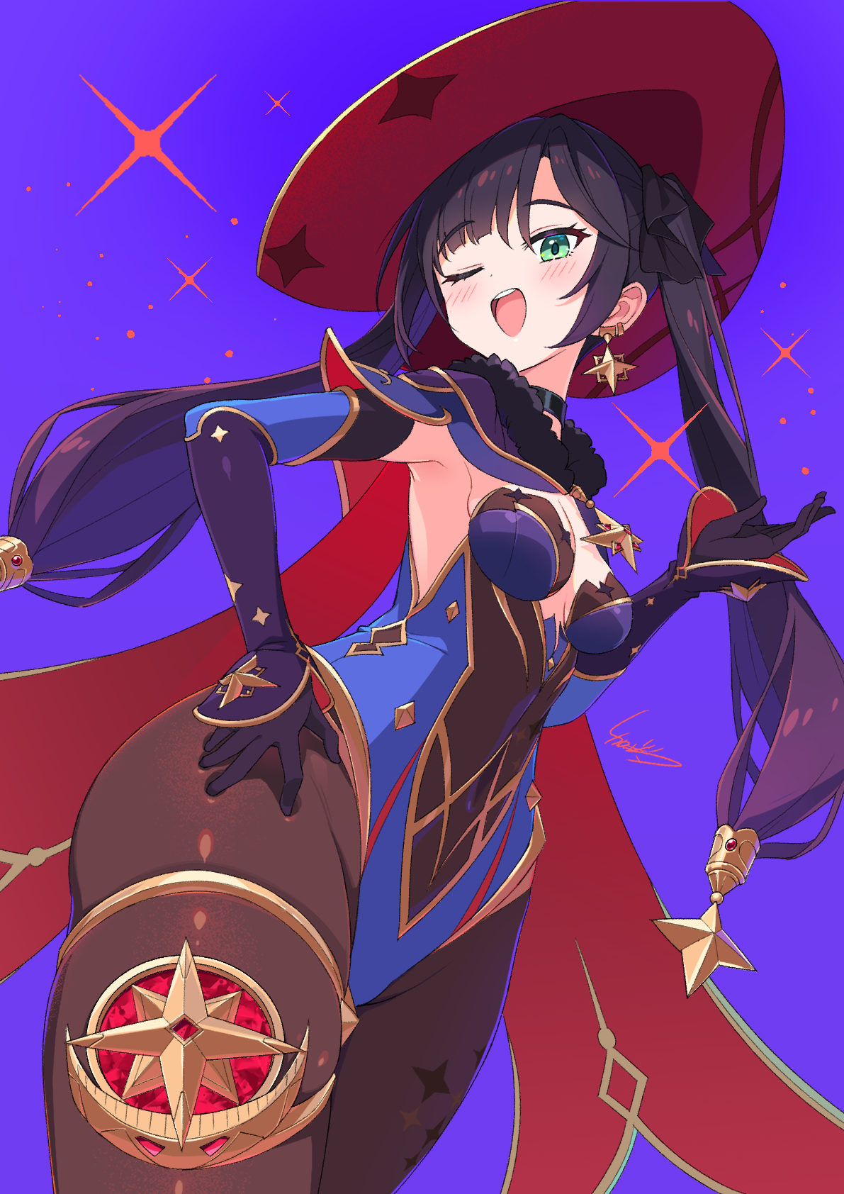 kamuraaa 615, mona (genshin impact), genshin impact, commentary request, highres, 1girl, ;d, ass, black choker, blue hat, blue leotard, bodystocking, breasts, choker, earrings, hand on own hip, hand up, hat, hat ornament, jewelry, leotard, looking at viewer, one eye closed, open mouth, pantyhose, purple background, purple hat, simple background, small breasts, smile, solo, sparkle print, star (symbol), star earrings, thighlet, twintails, wide hips, witch hat