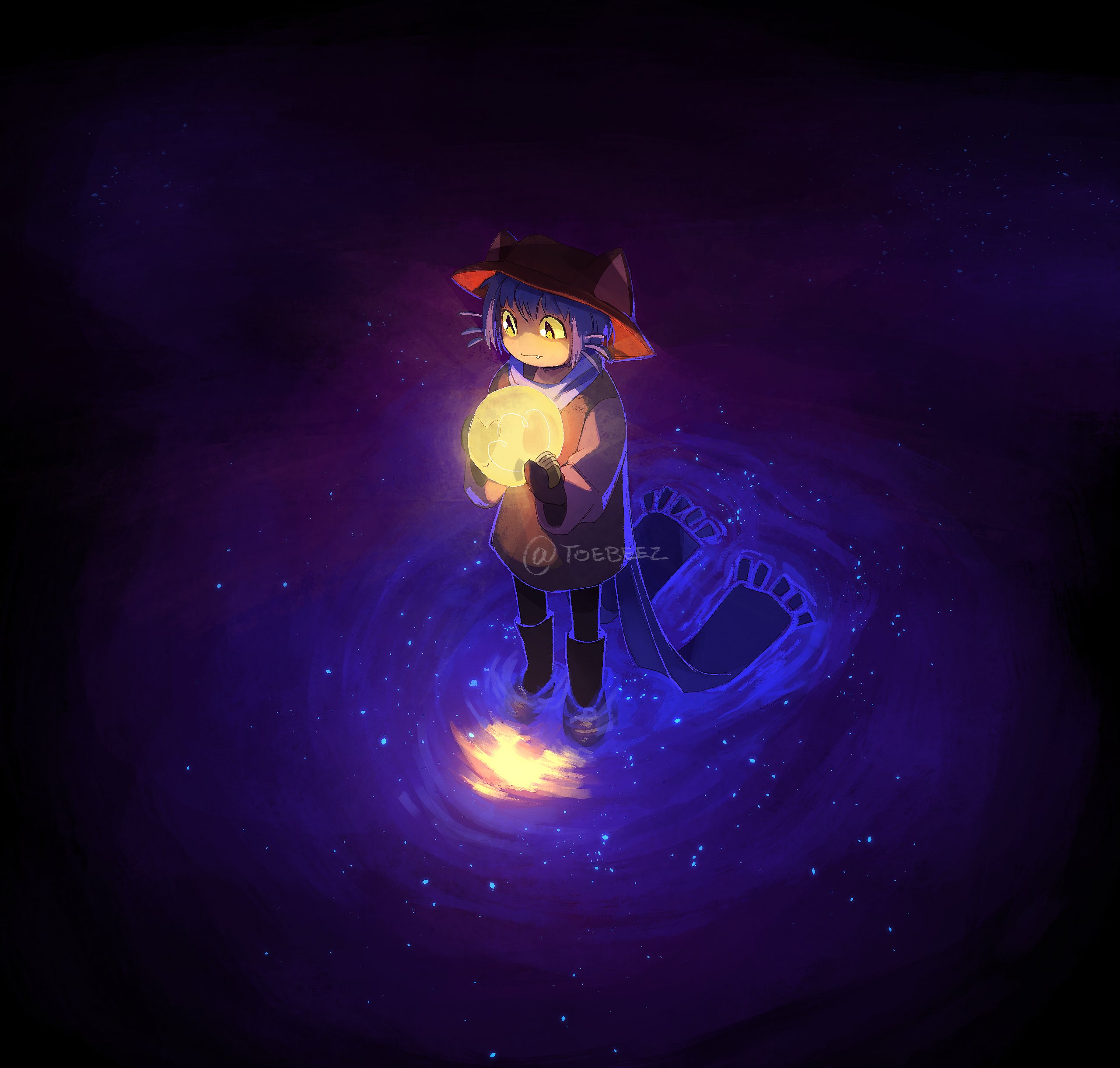 niko (oneshot), oneshot (game), absurdres, commentary, english commentary, highres, 1other, animal hat, black eyes, blue scarf, bob cut, boots, cat hat, colored sclera, dress, from above, full body, glowing, hat, holding orb, purple dress, purple hair, scarf, short hair, solo, standing, starry sky print, toebeez, wading, whiskers, yellow sclera