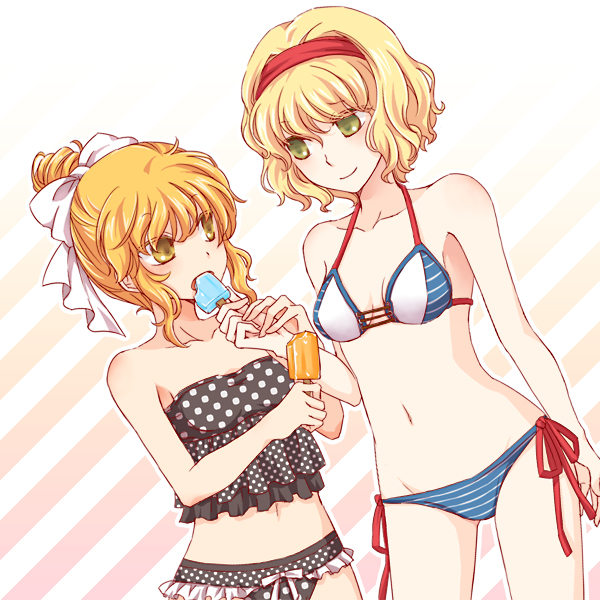 meg (artist), meg maru2, alice margatroid, kirisame marisa, touhou, bad id, bad pixiv id, 2girls, bikini, blonde hair, blue eyes, female focus, food, green eyes, hairband, multiple girls, popsicle, short hair, swimsuit, yellow eyes