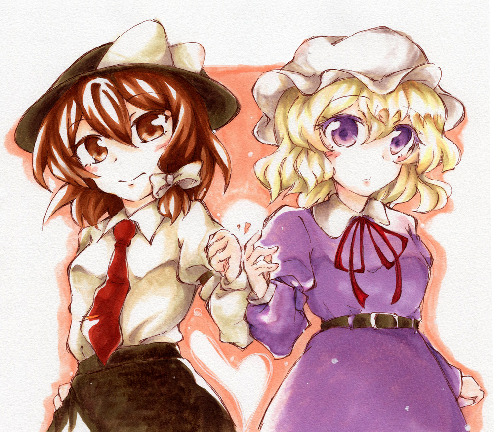 maribel hearn, usami renko, touhou, marker (medium), traditional media, 2girls, belt, black belt, black skirt, blonde hair, blush, brown hair, clenched hand, closed mouth, collared dress, collared shirt, contrast collar, dress, dress ribbon, hair between eyes, hand on own hip, hat, heart, long sleeves, looking at viewer, mob cap, multiple girls, necktie, purple eyes, red necktie, red ribbon, ribbon, sanwa no jako (daikichi club), shirt, shirt tucked in, short hair, skirt, sleeve cuffs, sleeve garter, smile, two-tone background, valentine, white hat, white shirt
