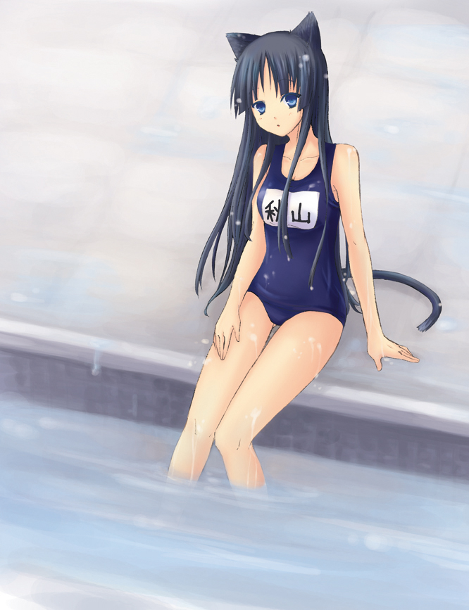 suzutama, akiyama mio, k-on!, 00s, 1girl, animal ears, black hair, blue eyes, blunt bangs, cat ears, cat girl, female focus, hime cut, long hair, one-piece swimsuit, school swimsuit, solo, swimsuit