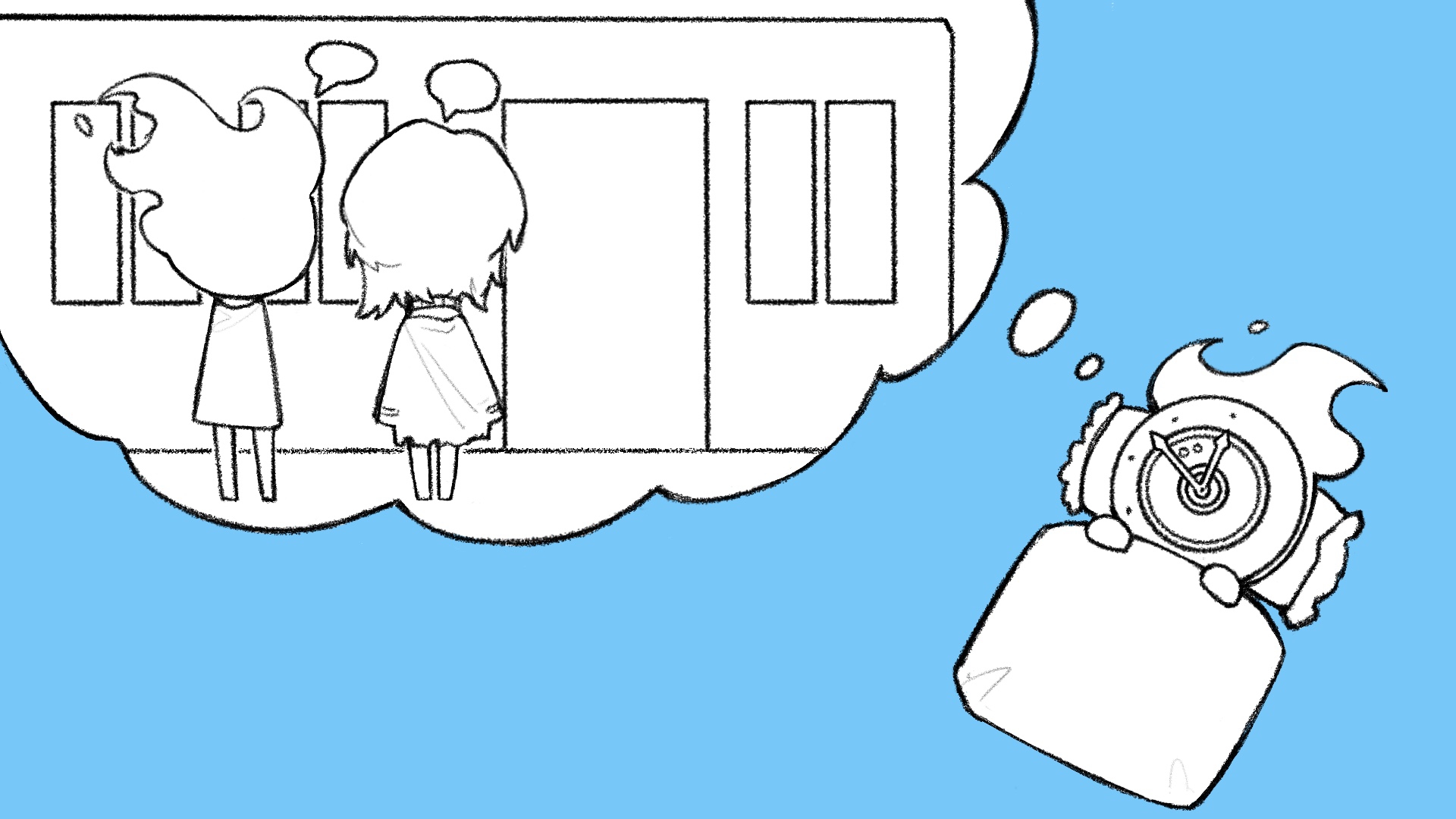 ivy (675671), dante (limbus company), faust (project moon), limbus company, project moon, commentary, highres, symbol-only commentary, 1girl, 1other, blanket, blue background, chibi, chibi only, clock, coat, coat on shoulders, dated commentary, dreaming, fire, flaming head, greyscale with colored background, hands up, mephistopheles (project moon), object head, pillow, short hair, simple background, speech bubble, thought bubble