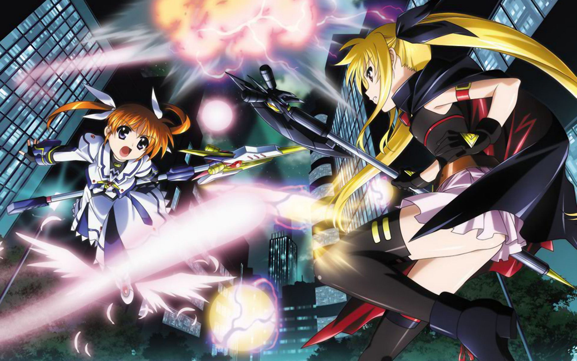 okuda yasuhiro, bardiche (axe form) (nanoha), bardiche (nanoha), fate testarossa, fate testarossa (movie 1st form), raising heart, raising heart (cannon mode), takamachi nanoha, takamachi nanoha (movie 1st mode), lyrical nanoha, mahou shoujo lyrical nanoha, mahou shoujo lyrical nanoha strikers, mahou shoujo lyrical nanoha the movie 1st, highres, jpeg artifacts, non-web source, 00s, 10s, 2girls, battle, black thighhighs, blue eyes, boots, brown hair, explosion, fingerless gloves, gloves, long hair, magic, multiple girls, open mouth, purple eyes, red eyes, ribbon, thighhighs, twintails, you gonna get befriended
