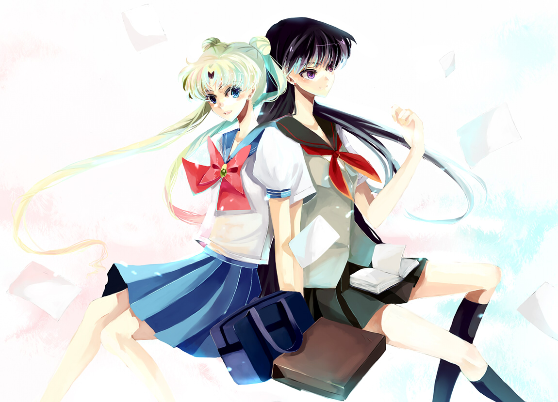 nako, nako (nonrain), hino rei, tsukino usagi, bishoujo senshi sailor moon, bad id, bad pixiv id, 1990s (style), 2girls, back-to-back, bag, black hair, blonde hair, blue eyes, blue sailor collar, book, bow, briefcase, double bun, earrings, hair bun, jewelry, long hair, multiple girls, purple eyes, red bow, retro artstyle, sailor collar, school bag, school briefcase, school uniform, serafuku, twintails