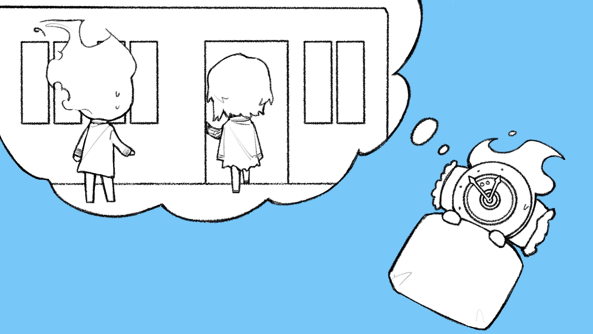 ivy (675671), dante (limbus company), faust (project moon), limbus company, project moon, commentary, highres, symbol-only commentary, 1girl, 1other, blanket, blue background, chibi, chibi only, clock, coat, coat on shoulders, dated commentary, dreaming, fire, flaming head, greyscale with colored background, hands up, mephistopheles (project moon), object head, pillow, short hair, simple background, speech bubble, sweat, thought bubble, walking