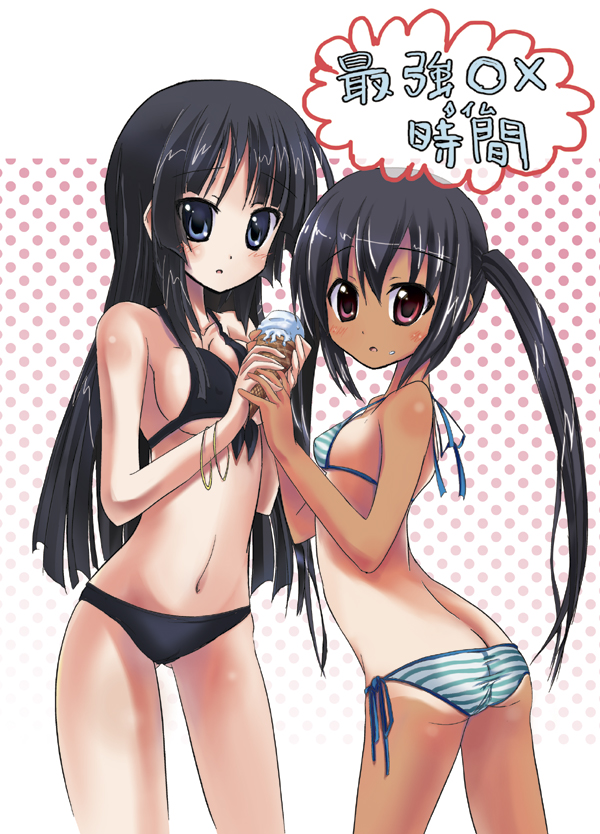kurou (quadruple zero), akiyama mio, nakano azusa, k-on!, bad id, bad pixiv id, 00s, 2girls, ass, bikini, black hair, blue eyes, blunt bangs, bracelet, breasts, butt crack, flat chest, food, front-tie top, hime cut, ice cream, jewelry, long hair, looking back, multiple girls, one-piece tan, red eyes, sideboob, striped bikini, striped clothes, swimsuit, tan, tanline, twintails, underboob