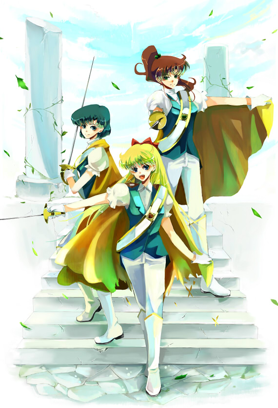 nako, nako (nonrain), aino minako, kino makoto, mizuno ami, bishoujo senshi sailor moon, the three musketeers, 3girls, aqua hair, blonde hair, blue eyes, blue hair, boots, bow, brown hair, cape, day, gloves, hair bow, leaf, long hair, multiple girls, parody, ponytail, red bow, saber (weapon), sash, short hair, sky, sword, weapon, white gloves