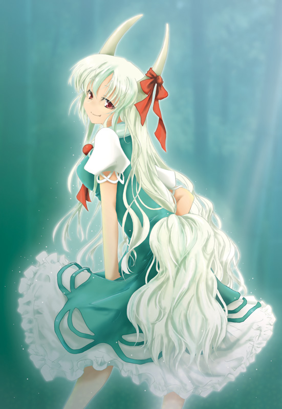 makkuroh (yoh-ku), ex-keine, kamishirasawa keine, touhou, 1girl, female focus, green hair, horns, long hair, red eyes, solo, standing, tail