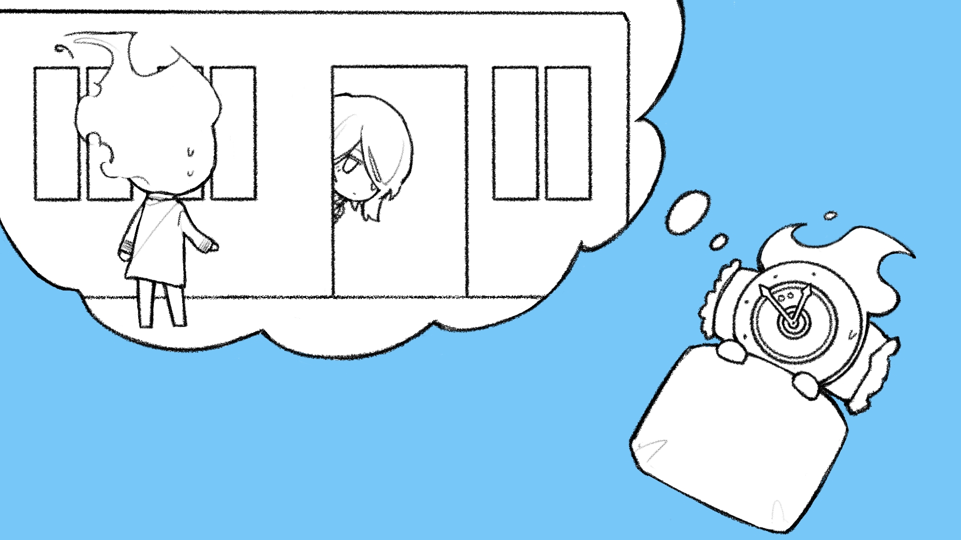 ivy (675671), dante (limbus company), faust (project moon), limbus company, project moon, commentary, highres, symbol-only commentary, 1girl, 1other, blanket, blue background, chibi, chibi only, clock, dated commentary, dreaming, fire, flaming head, greyscale with colored background, hands up, mephistopheles (project moon), object head, peeking out, pillow, short hair, simple background, speech bubble, sweat, thought bubble