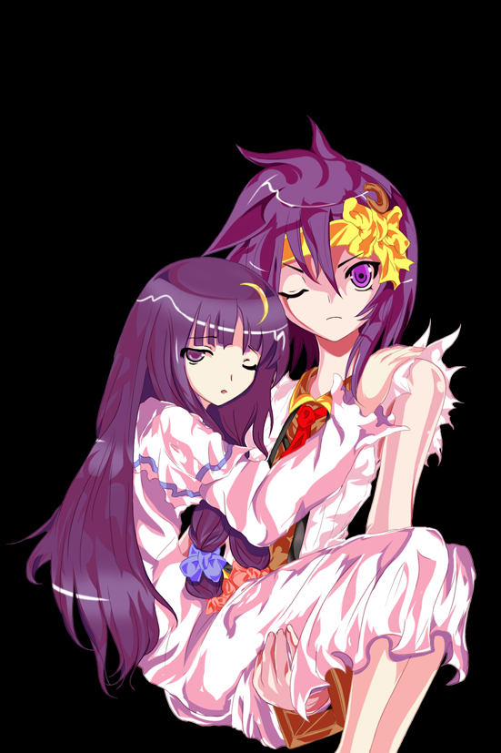 nock (garimoyasi), patchouli knowledge, sasaki rinbokusan, original, touhou, 2girls, alphes (style), carrying, crescent, crescent hair ornament, crescent moon, female focus, hair ornament, moon, multiple girls, one eye closed, parody, princess carry, purple eyes, purple hair, ribbon, style parody